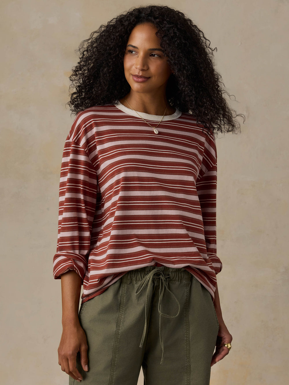 Faherty Sunwashed Long-Sleeve Retro Tee - Rosewood Stripe