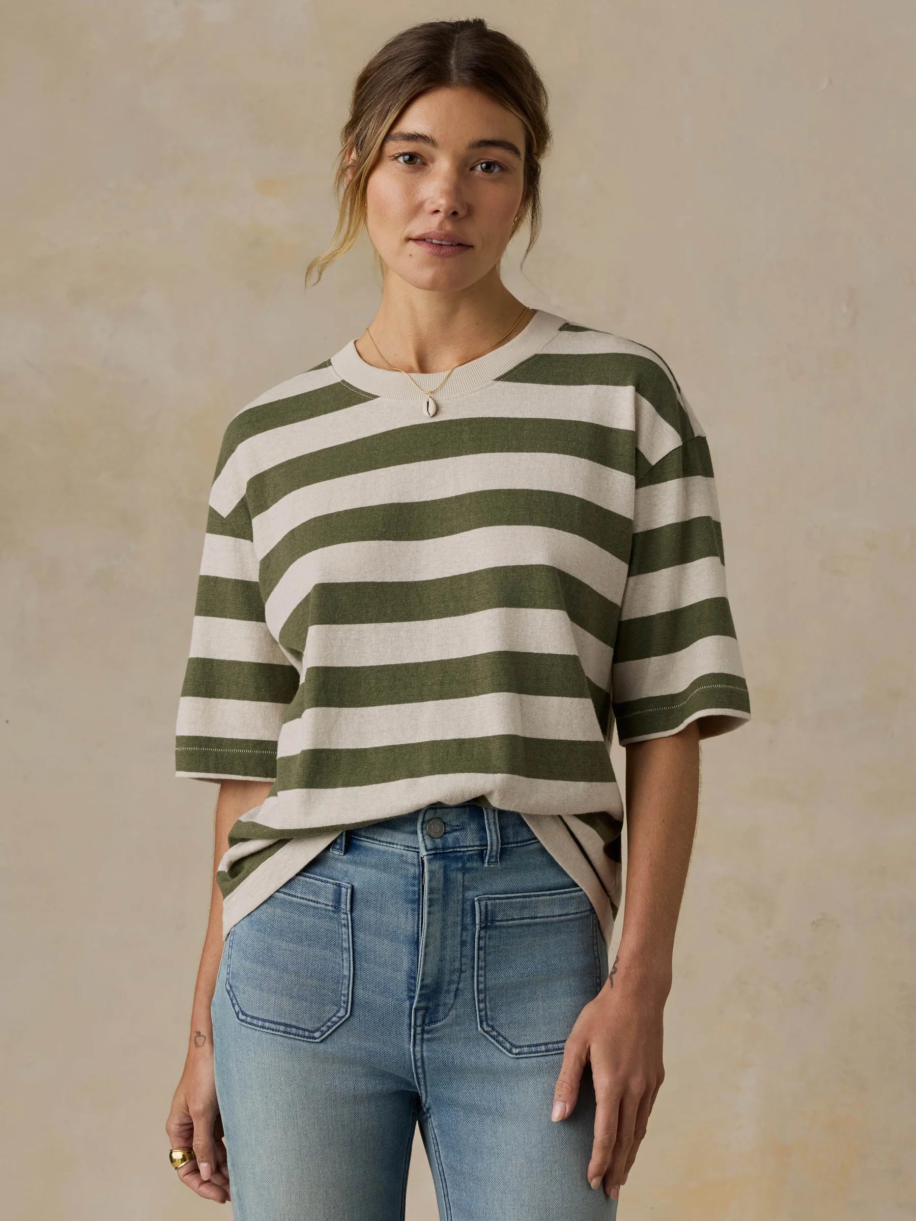 Faherty Hemp Blend Vintage Tee- Olive Stripe