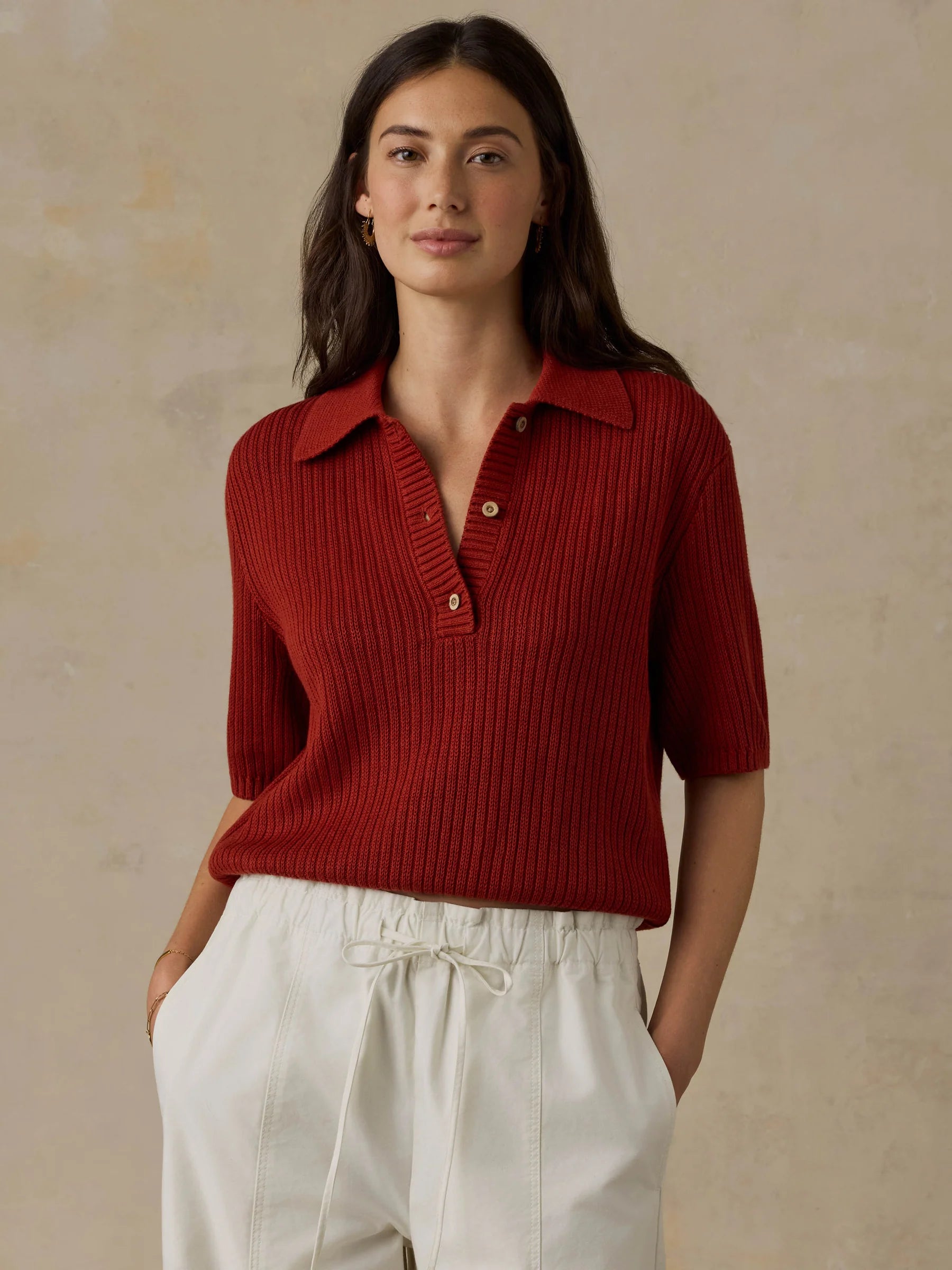Faherty Miramar Linen SS Polo- Red Ochre