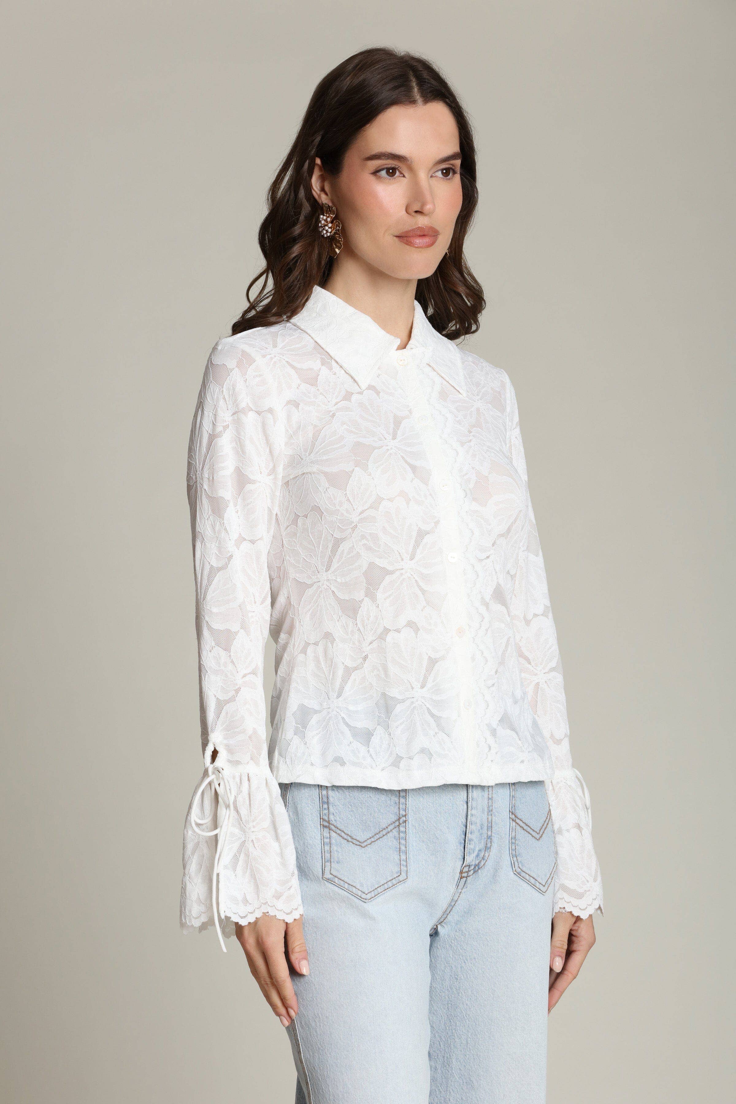 Avec Les Filles Sheer Lace Tie Cuff Shirt
