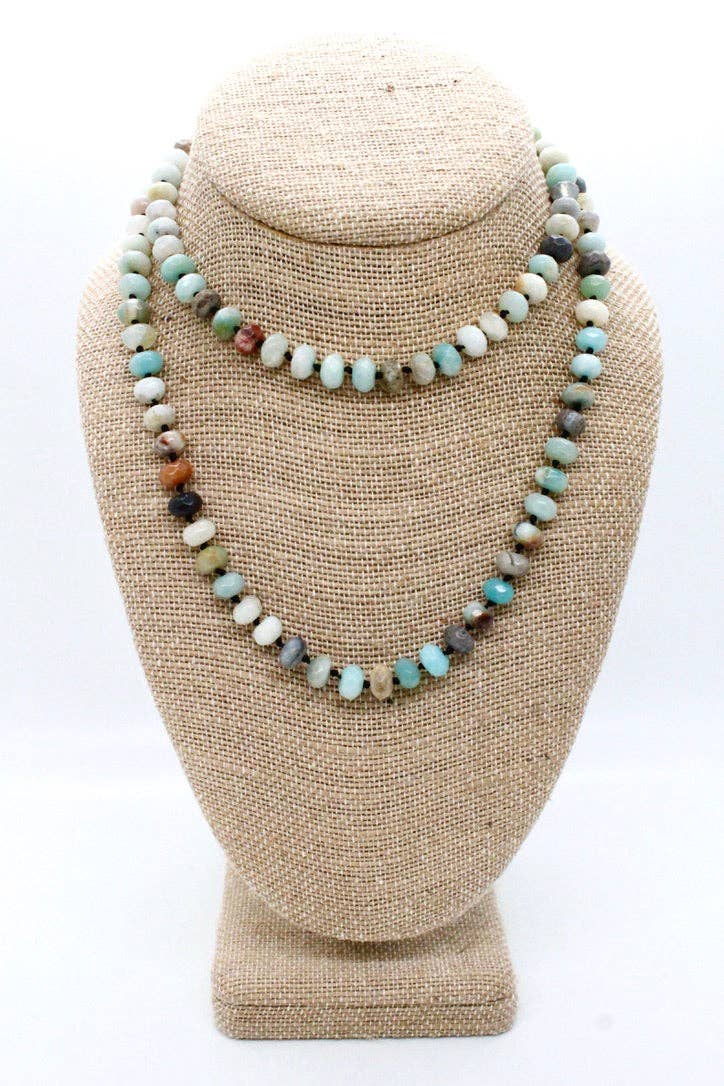 Lizou Hand-Knotted Long Faceted Amazonite Rondelle Bead Necklace #40