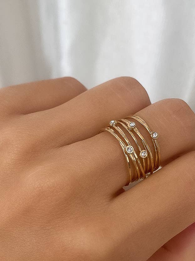 Flanerie 18K Gold Vintage Multi-Band Pearl/CZ Ring