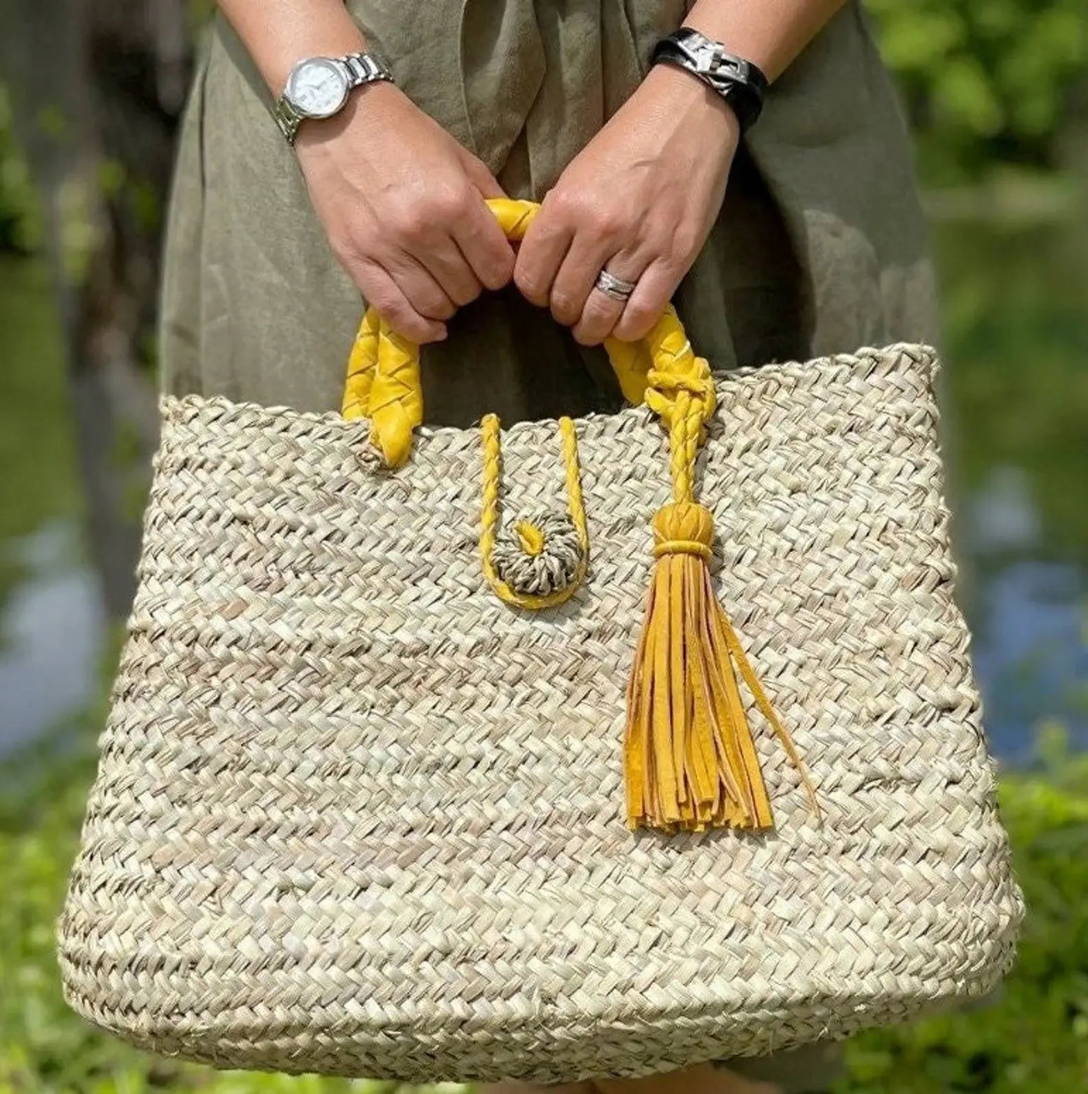 French Market Bags Straw Tote Bag with Leather Straps