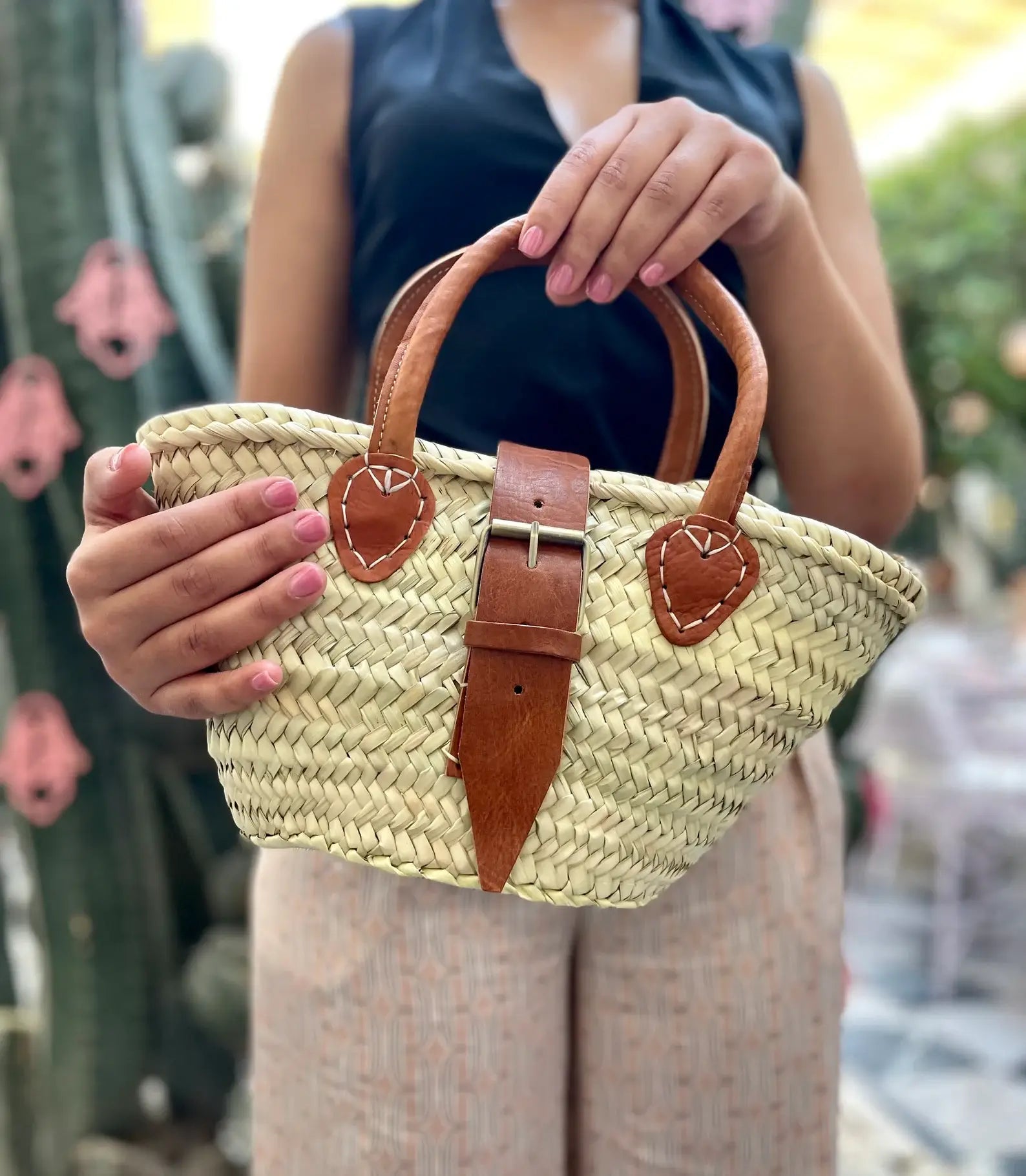 French Market Bags Handwoven Straw Basket Bag with Leather Handles #12