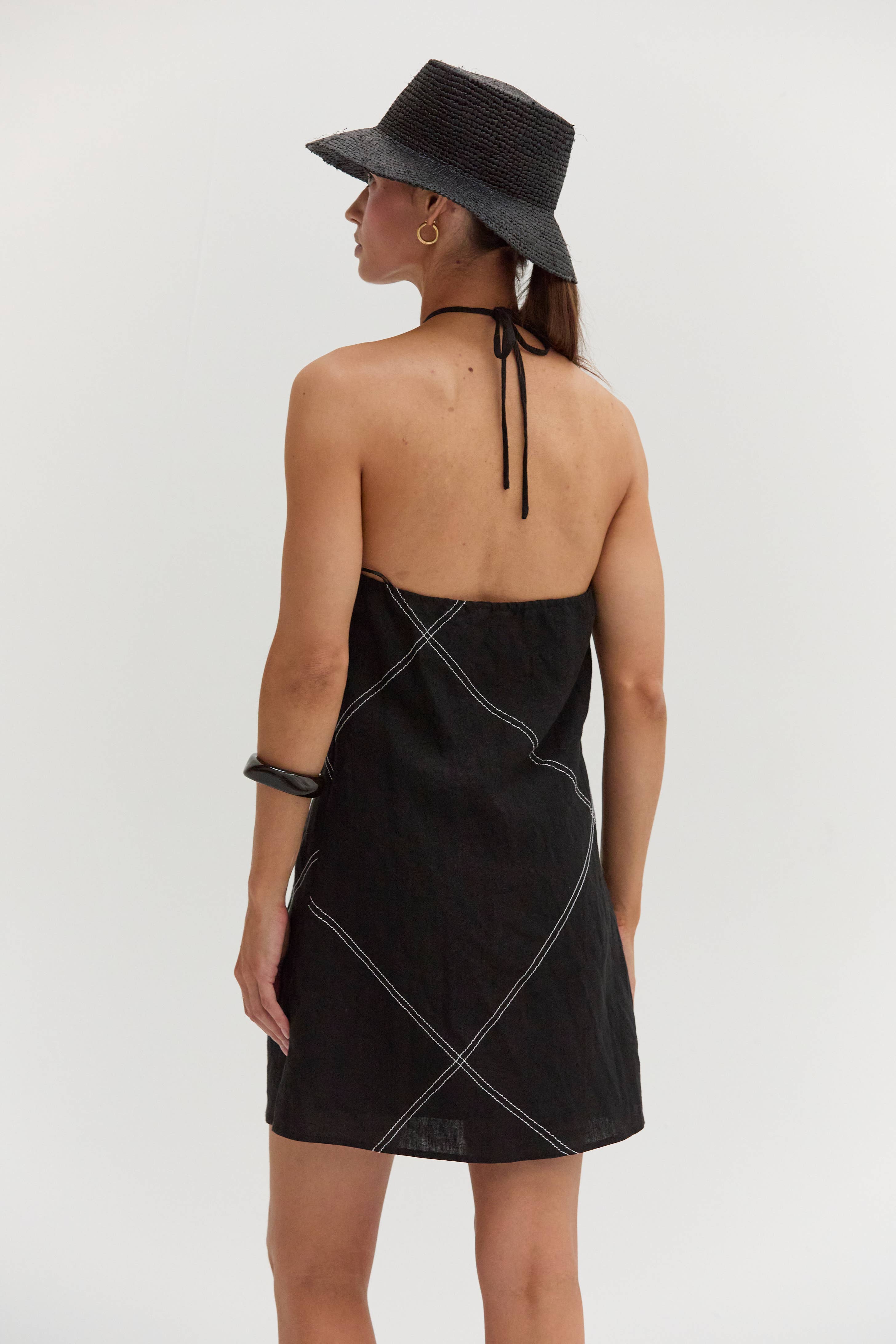Crescent Lena Linen Contrast Stitch Halter Mini Dress CD9770