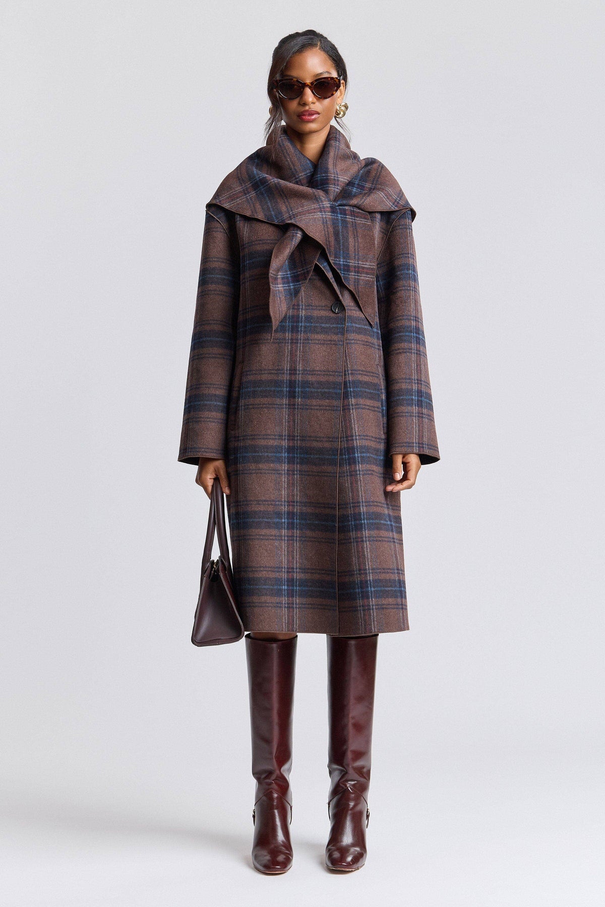 Avec Les Filles Plaid Wool Blend Scarf Trim Coat 86541