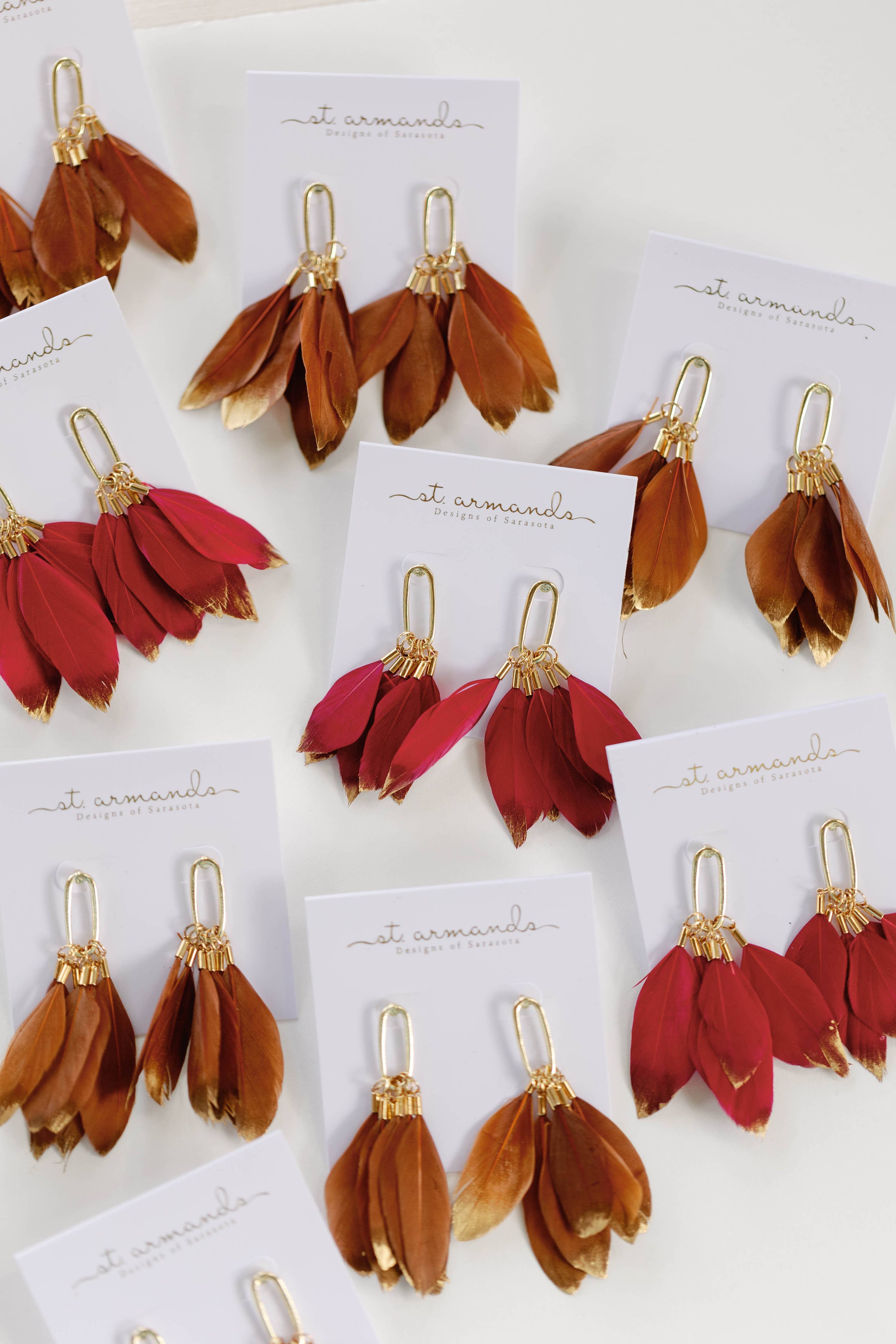 St. Armands Designs of Sarasota Garnet Gold Dipped Fall Feather Statement Earrings SAD263