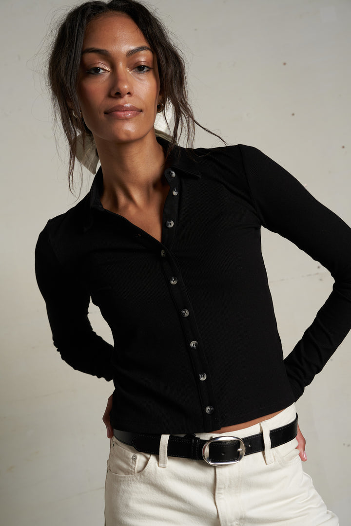 Perfect White Tee Amee Luxe Rib Button Up Polo