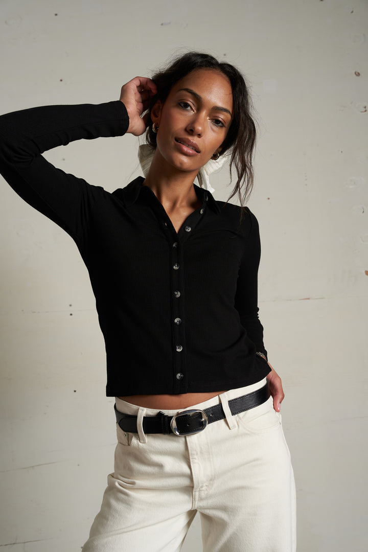 Perfect White Tee Amee Luxe Rib Button Up Polo