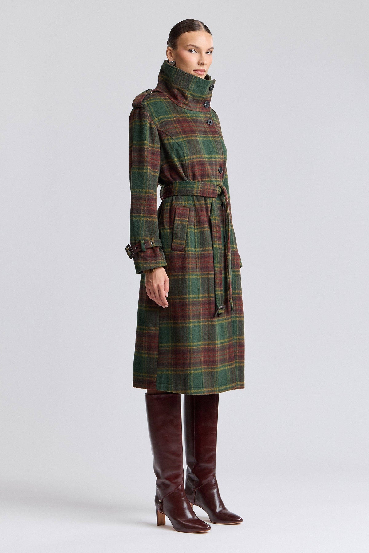 Avec Les Filles Plaid Faux Wool Utility Trench Coat 86476