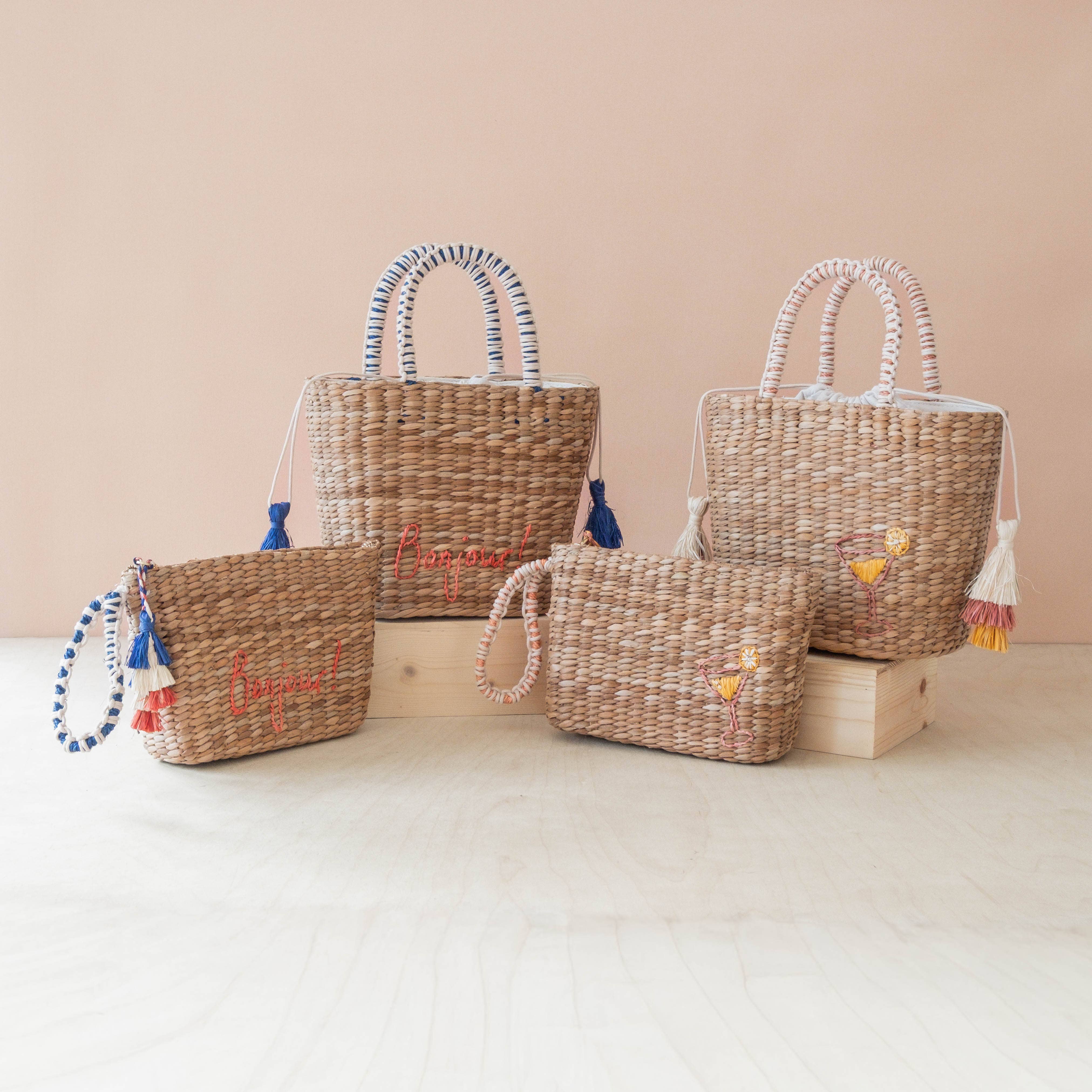 Mini Woven Pouch with Wristlet and Embroidered Bonjour – Handwoven Wristlet | LIKHÂ
