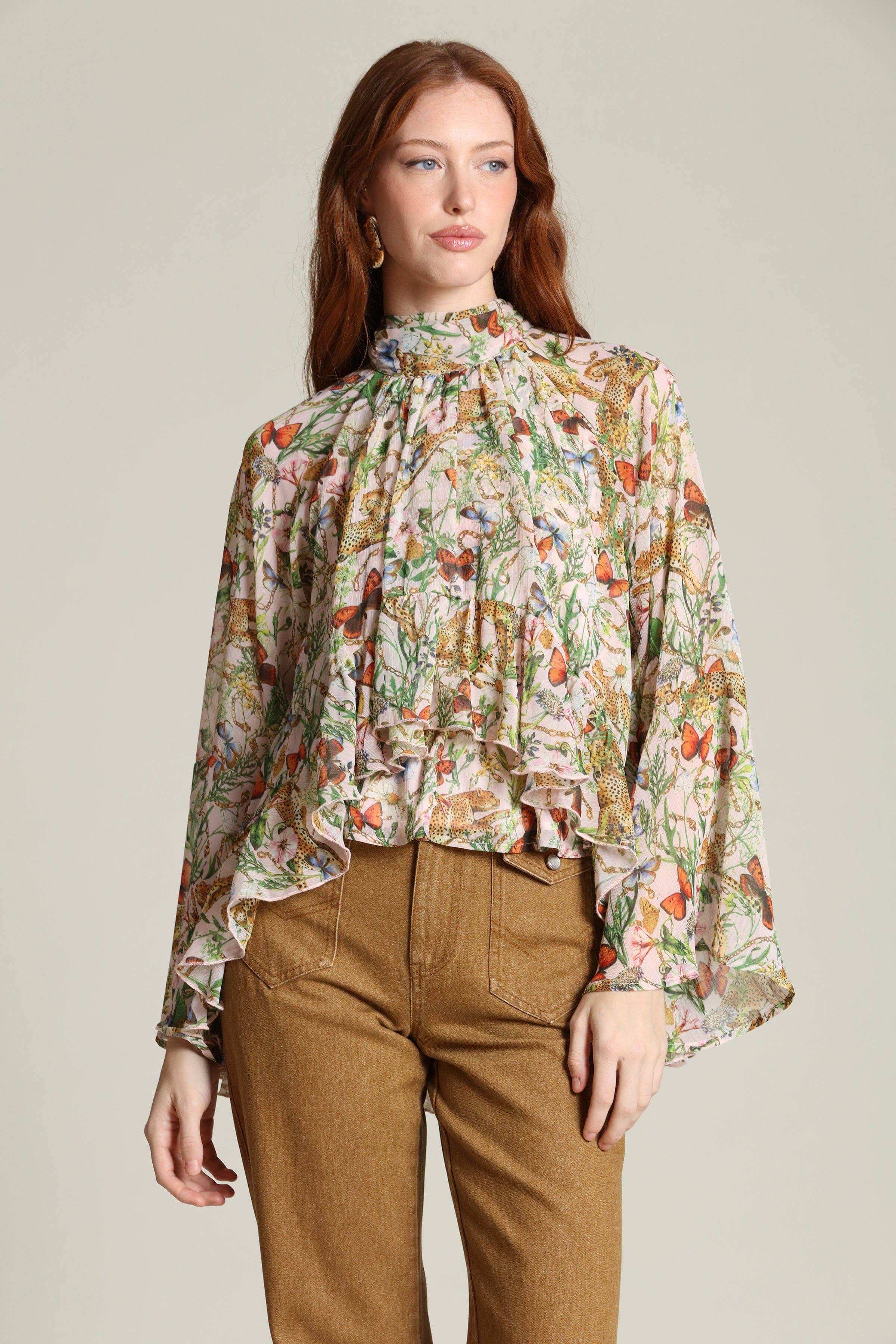 Avec Les Filles Botanical Print Chiffon Ruffle Blouse
