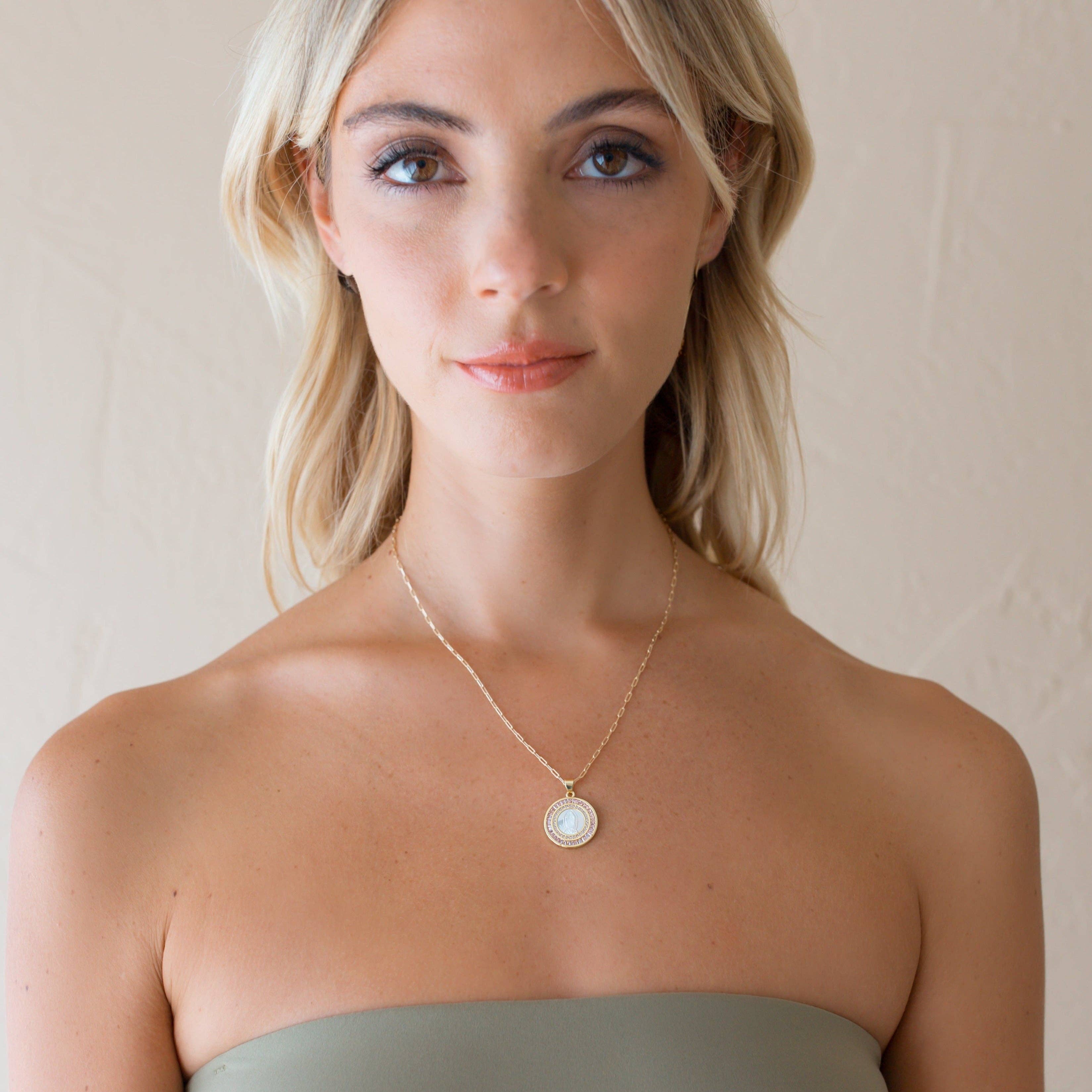 Joy Dravecky Bordered Pink Mother Mary Necklace