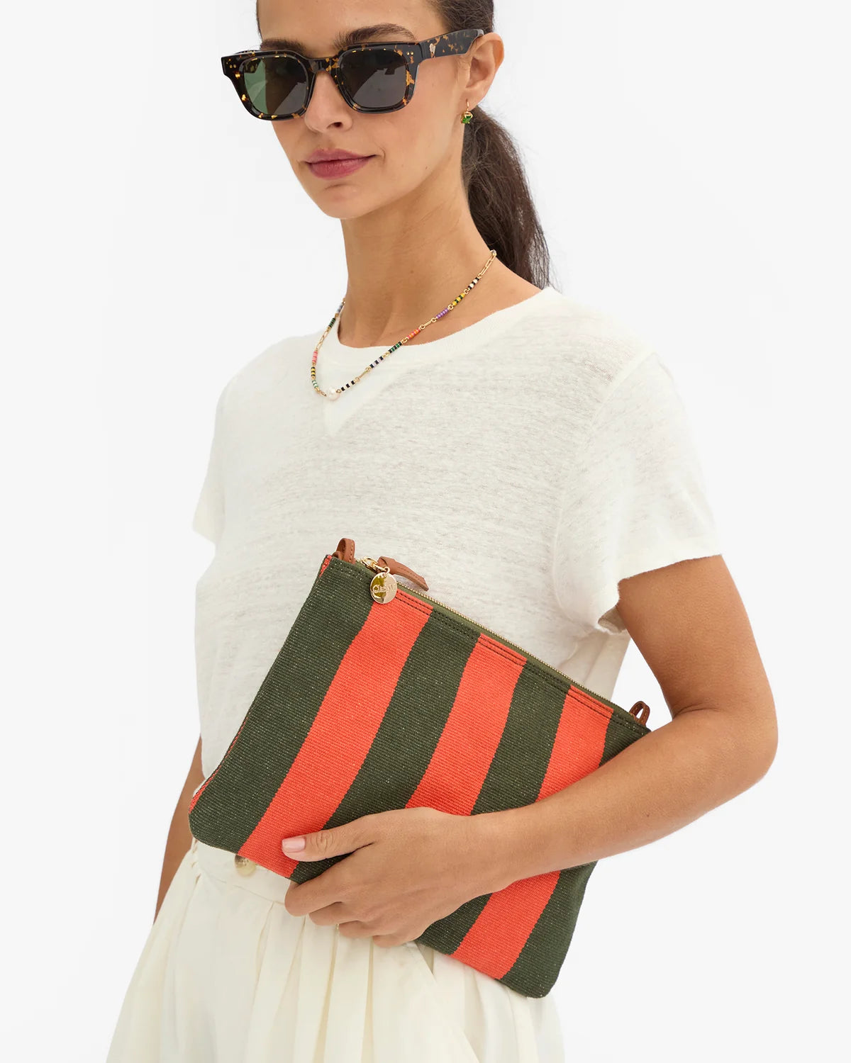 Clare V. Flat Clutch w/ Tabs Canvas Stripe CVS1001196