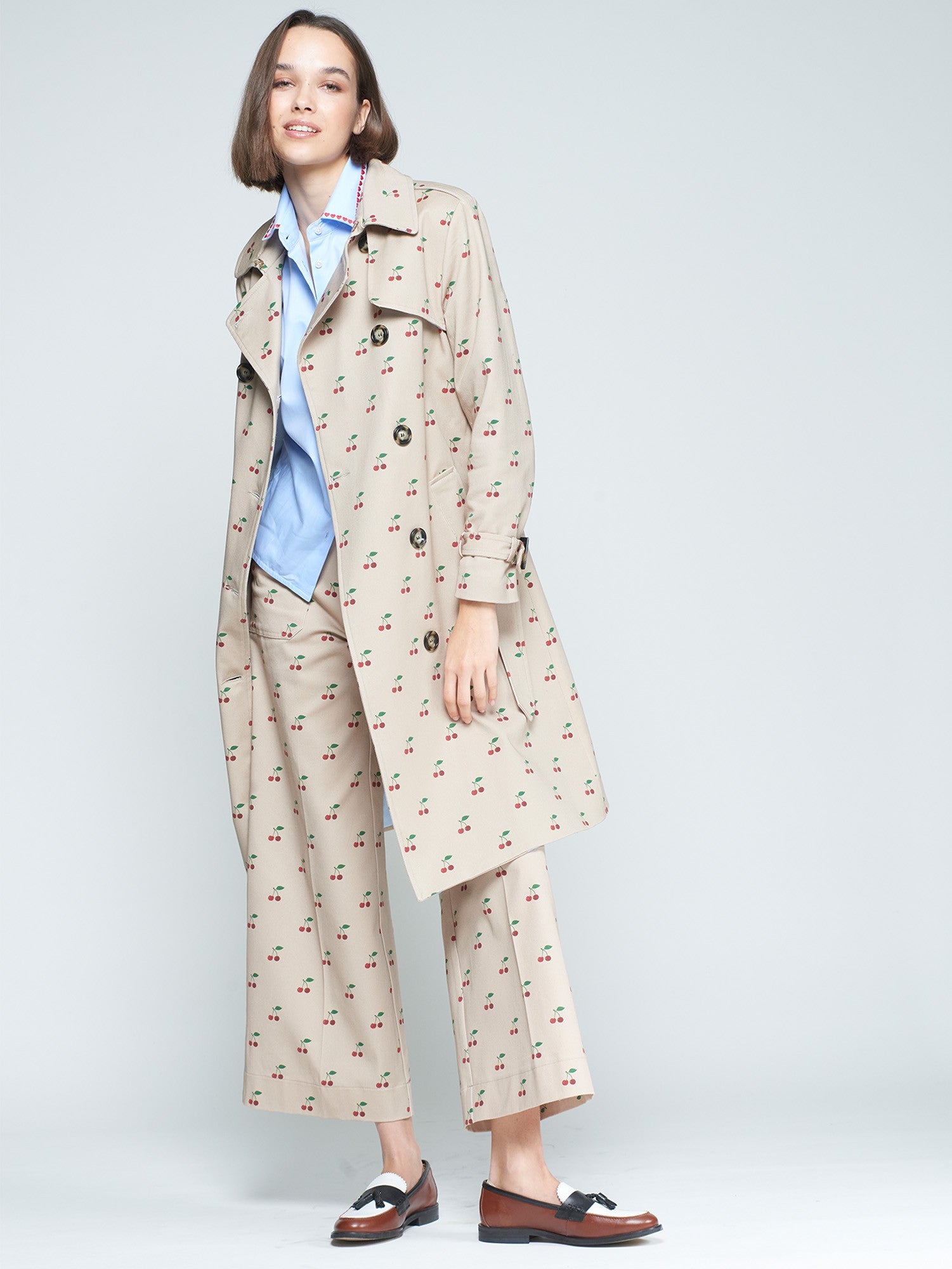 Vilagallo Beige Trench Coat with Cherry Print 32960