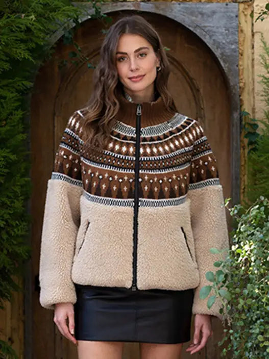 Moon River Fair Isle Sherpa Knit Contrast Jacket MS1092