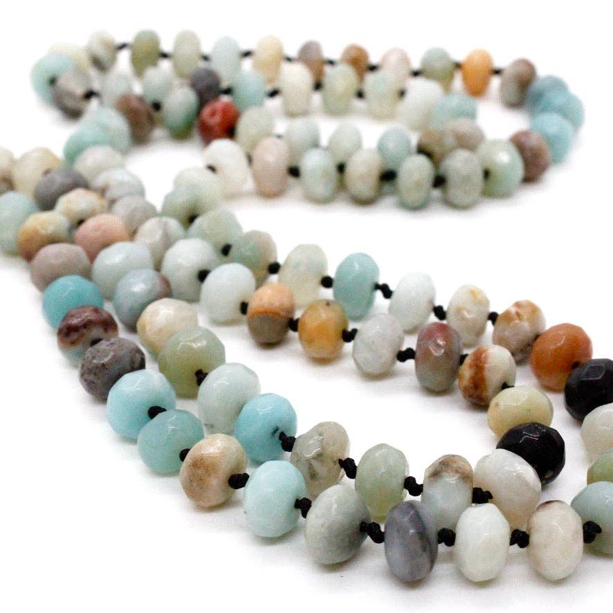 Lizou Hand-Knotted Long Faceted Amazonite Rondelle Bead Necklace #40