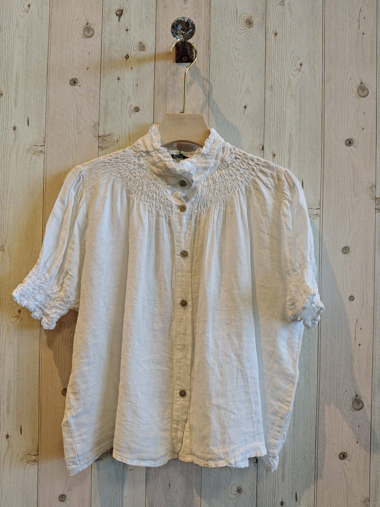 European Linen Ruffle Button up Blouse 12133