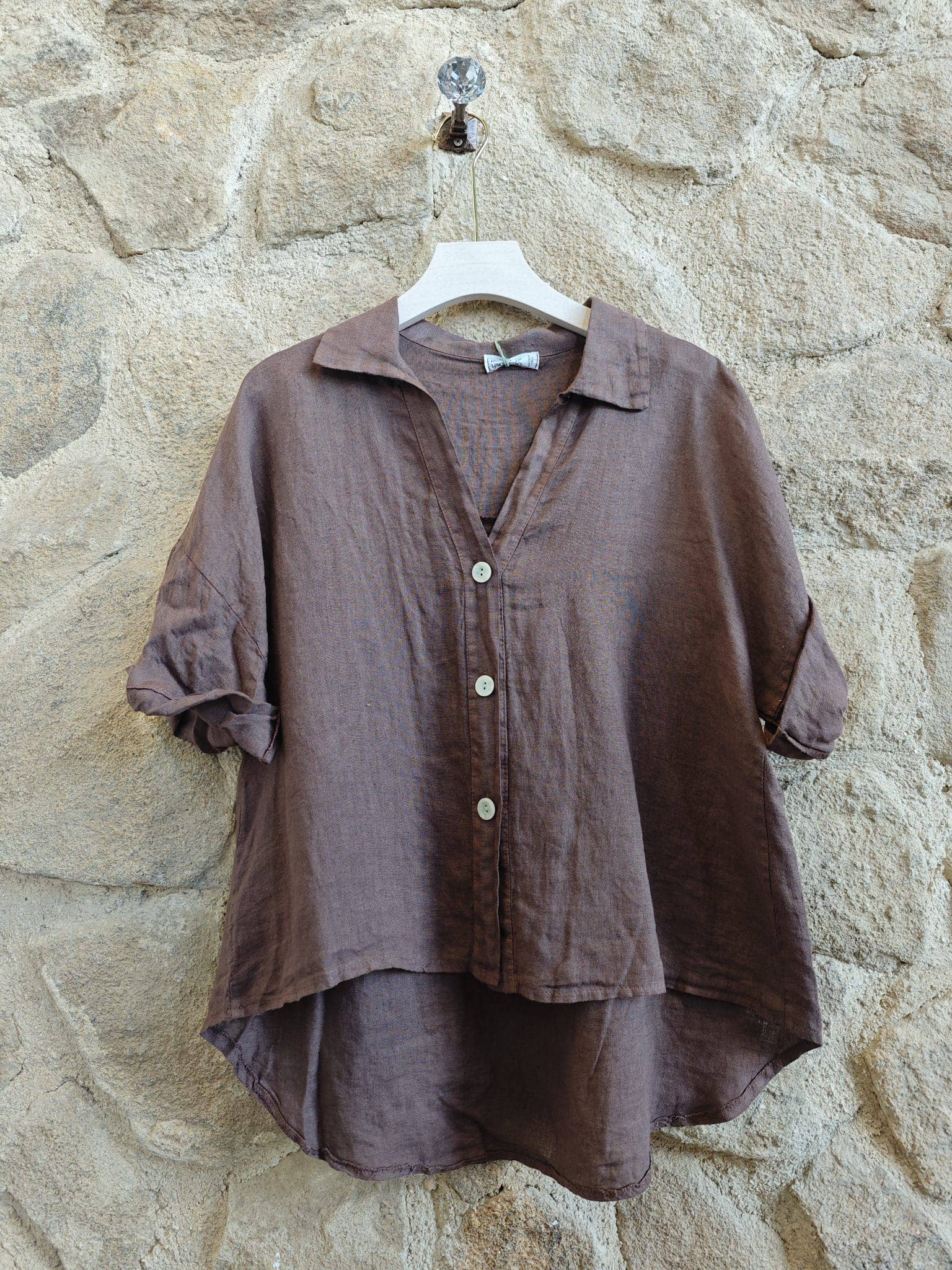 European Linen Short Sleeve Button Up T-shirt 83737