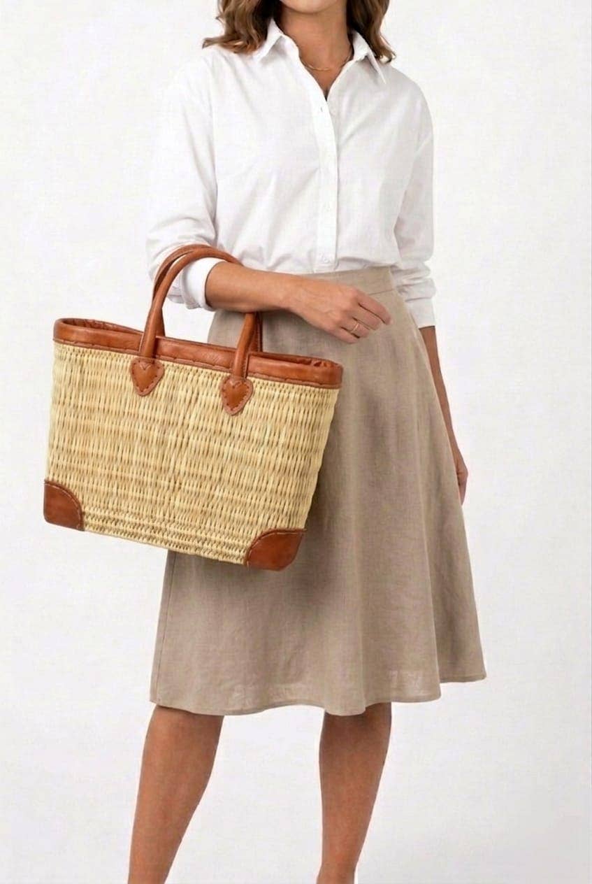 French Market Bags Basket Moroccan Straw Leather Tote #6