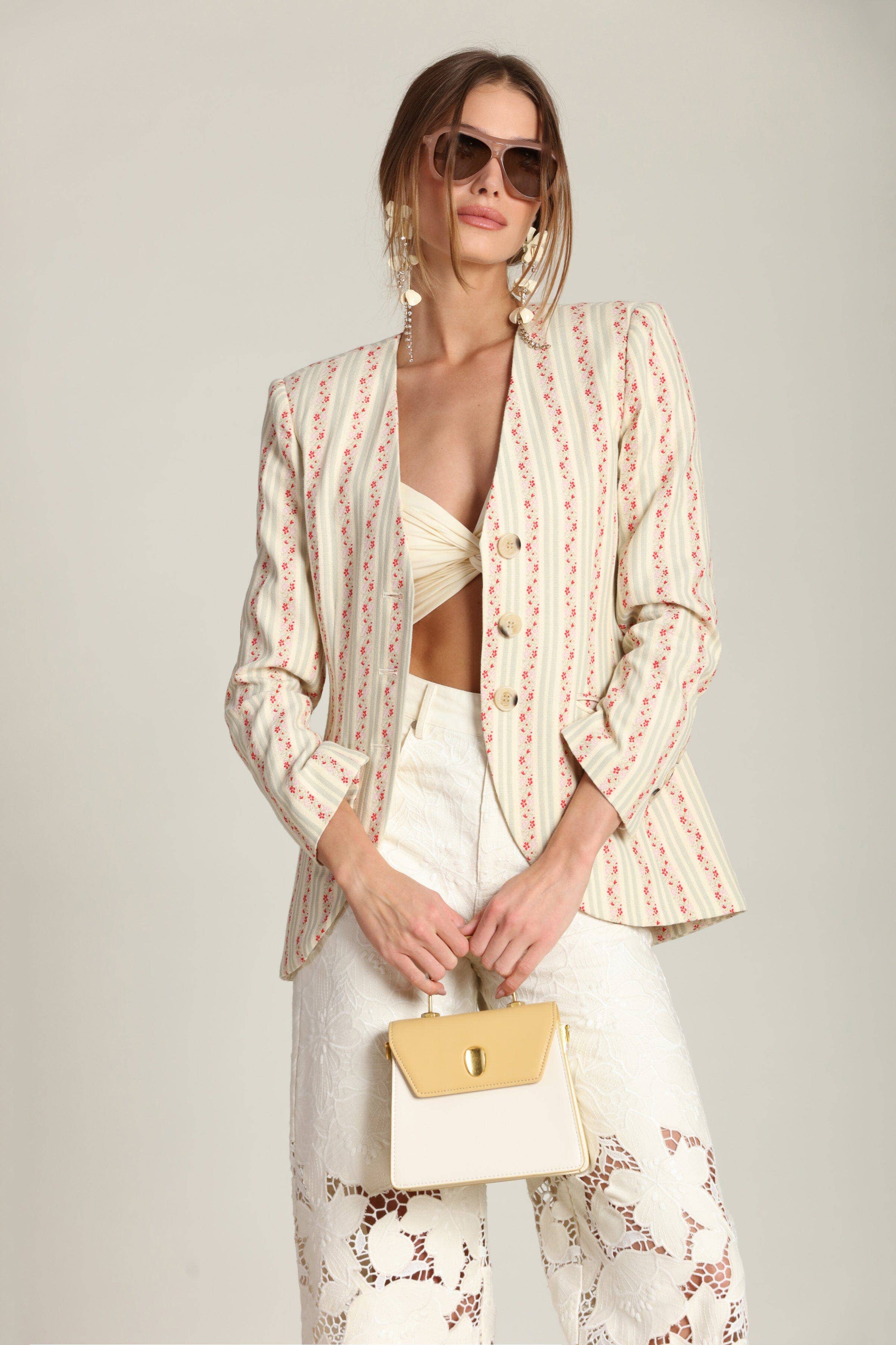 Avec Les Filles Floral Stripe Linen Blend Blazer