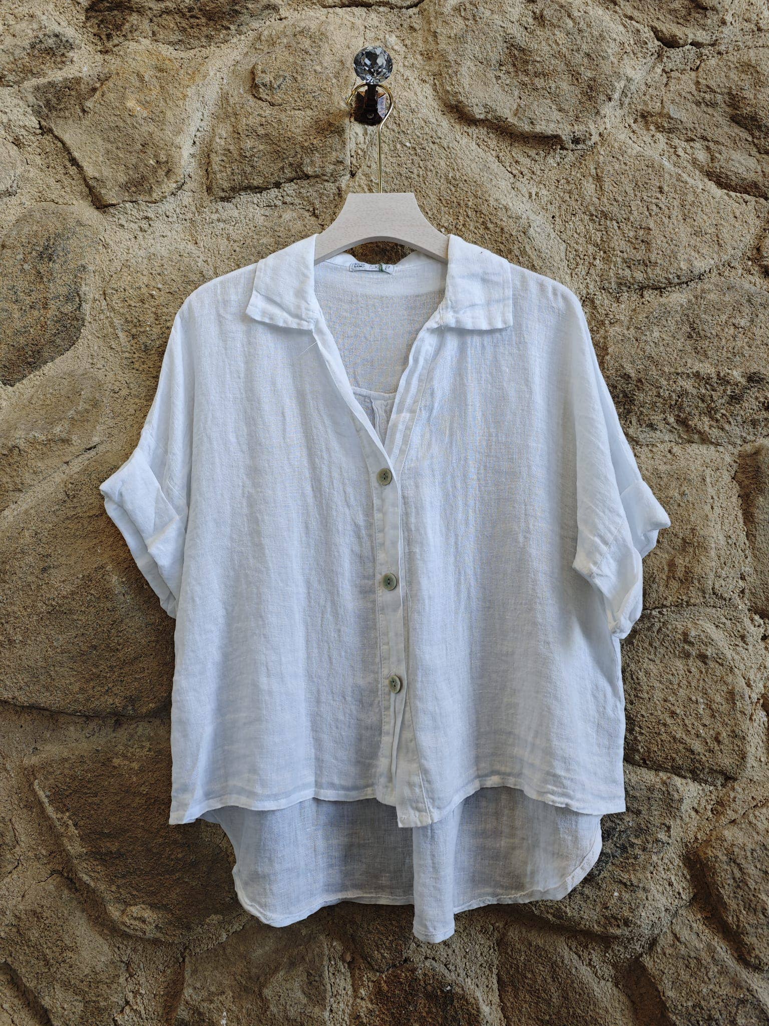 European Linen Short Sleeve Button Up T-shirt 83737