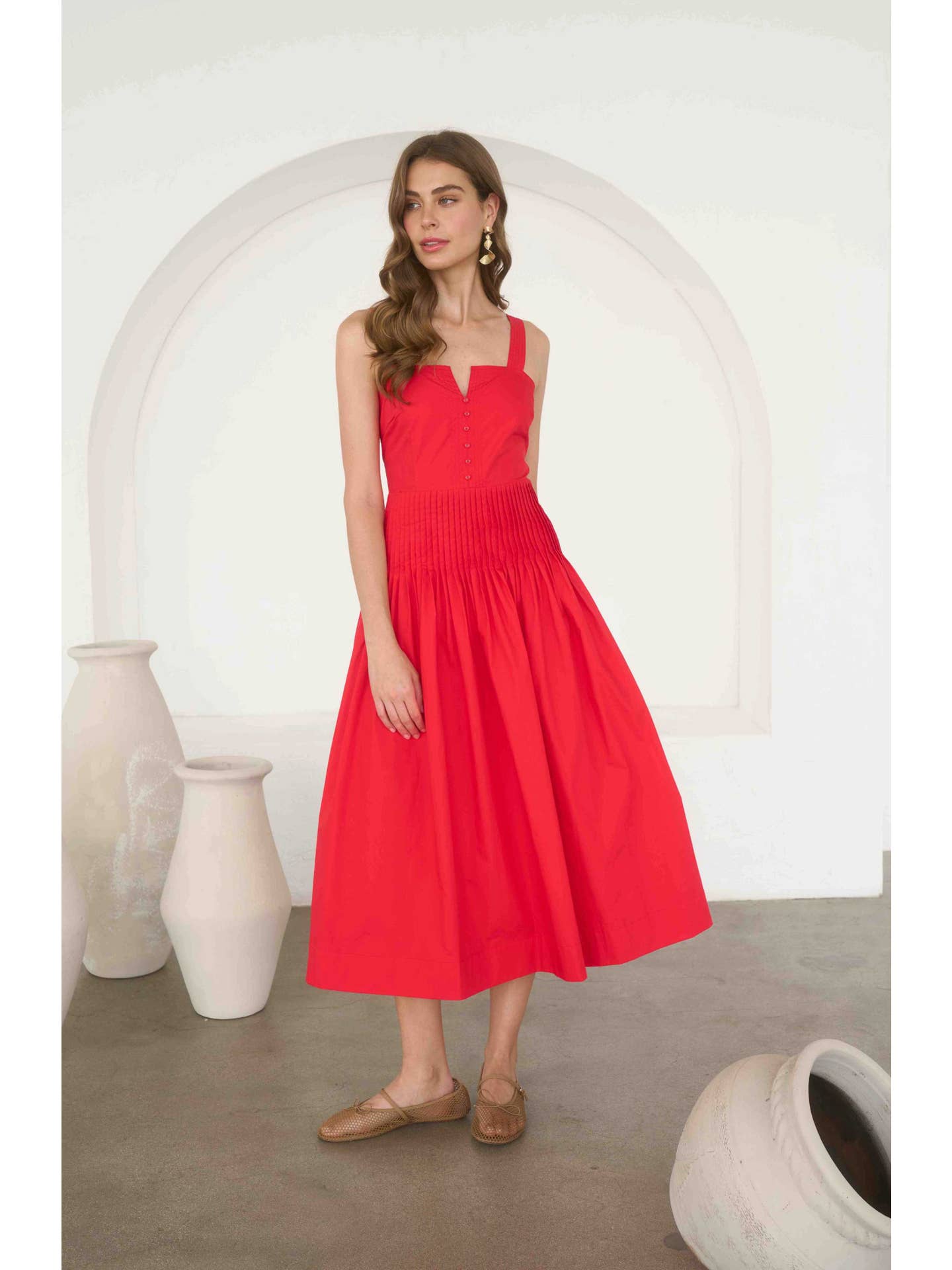 Moon River Button Detail Pleated Waist Sleeveless Midi Dress MR9793