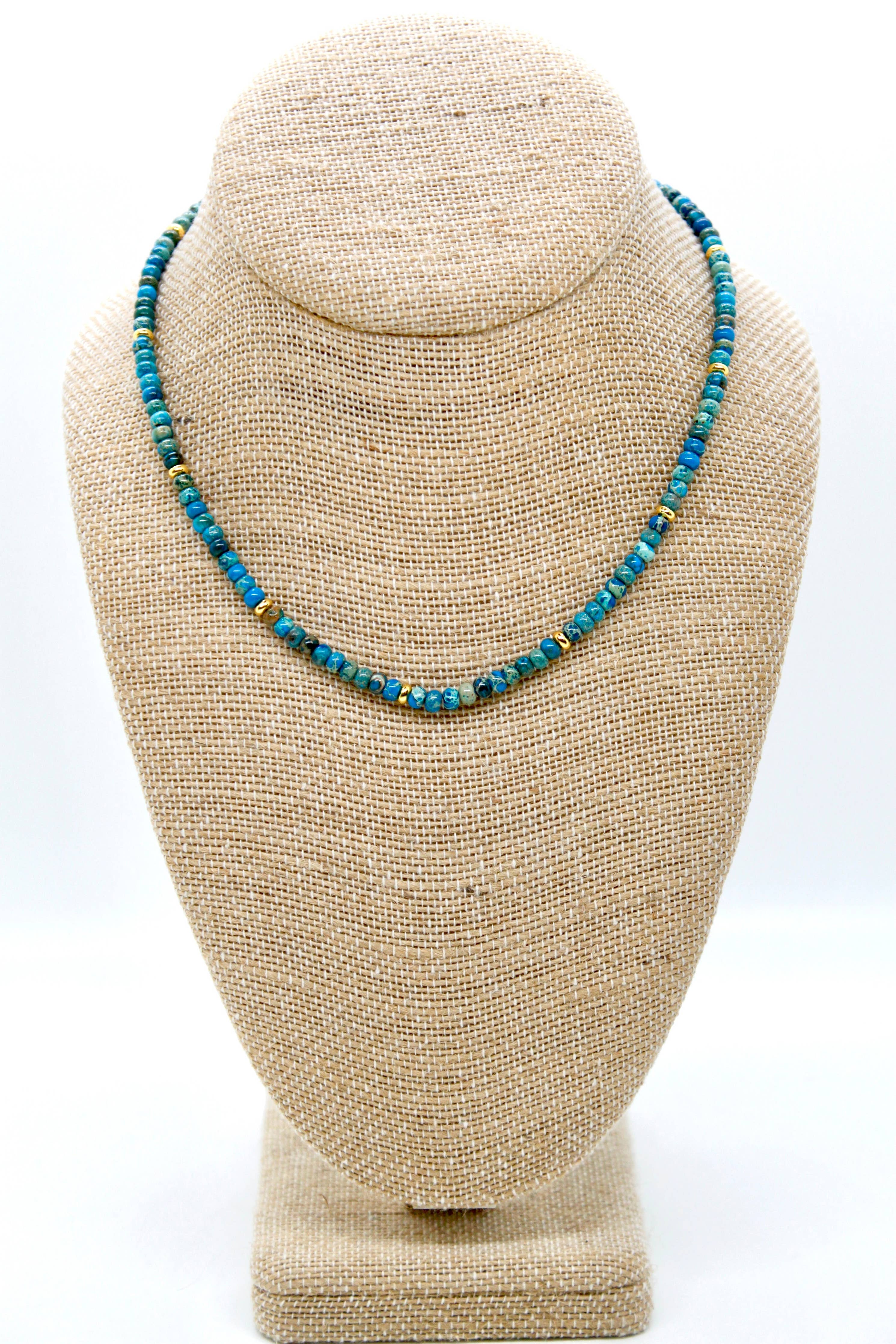 Lizou 16" Lake Blue Jasper + Gold Necklace #30
