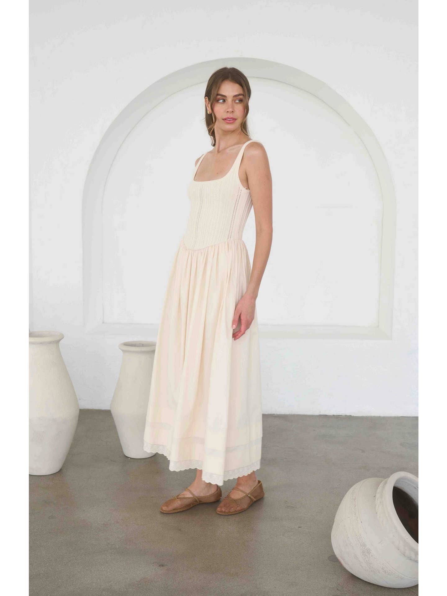 Moon River Pointelle Knit Sleeveless Mixed Media Midi Dress MR9763