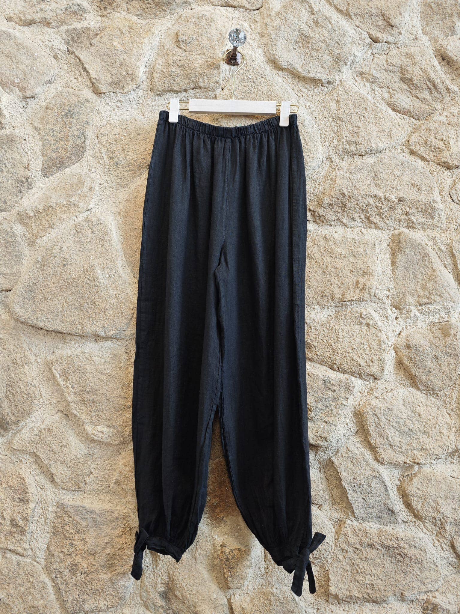 European Linen Elastic Waist Pant with Drawstring Ankle Cuffs 18324