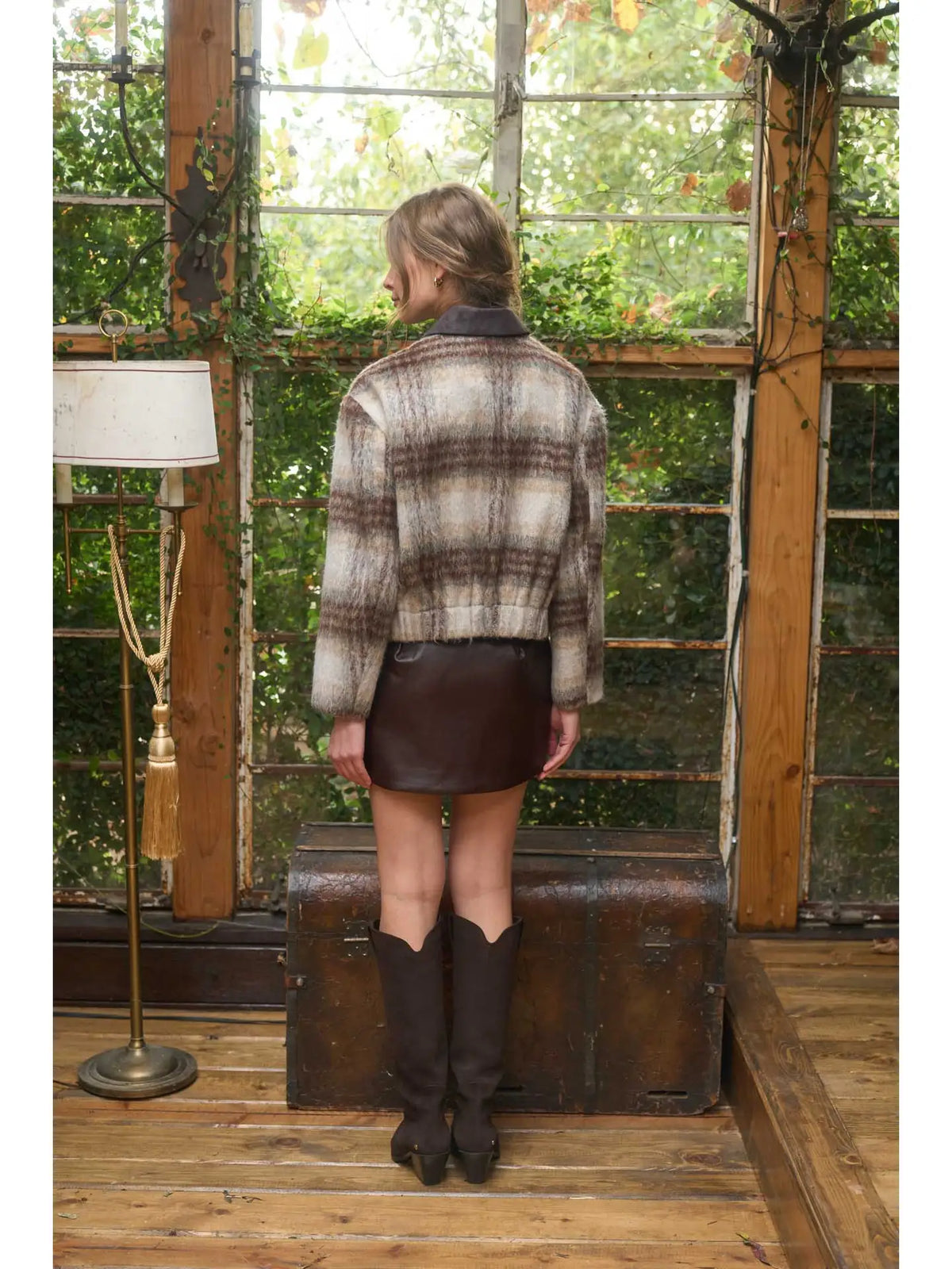 Moon River Brushed Plaid Contrast Collar Jacket MS1095