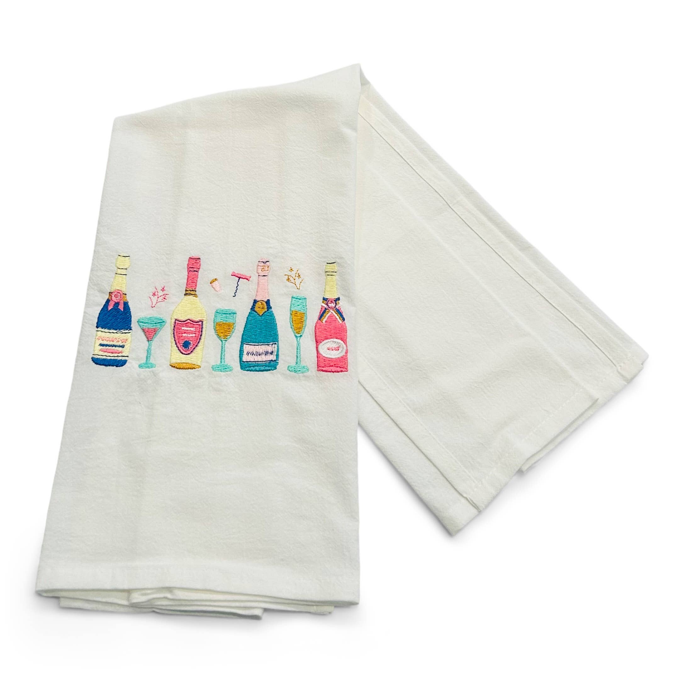 Vibrantly Blue Tea Towel - Row of Champagne Bottles