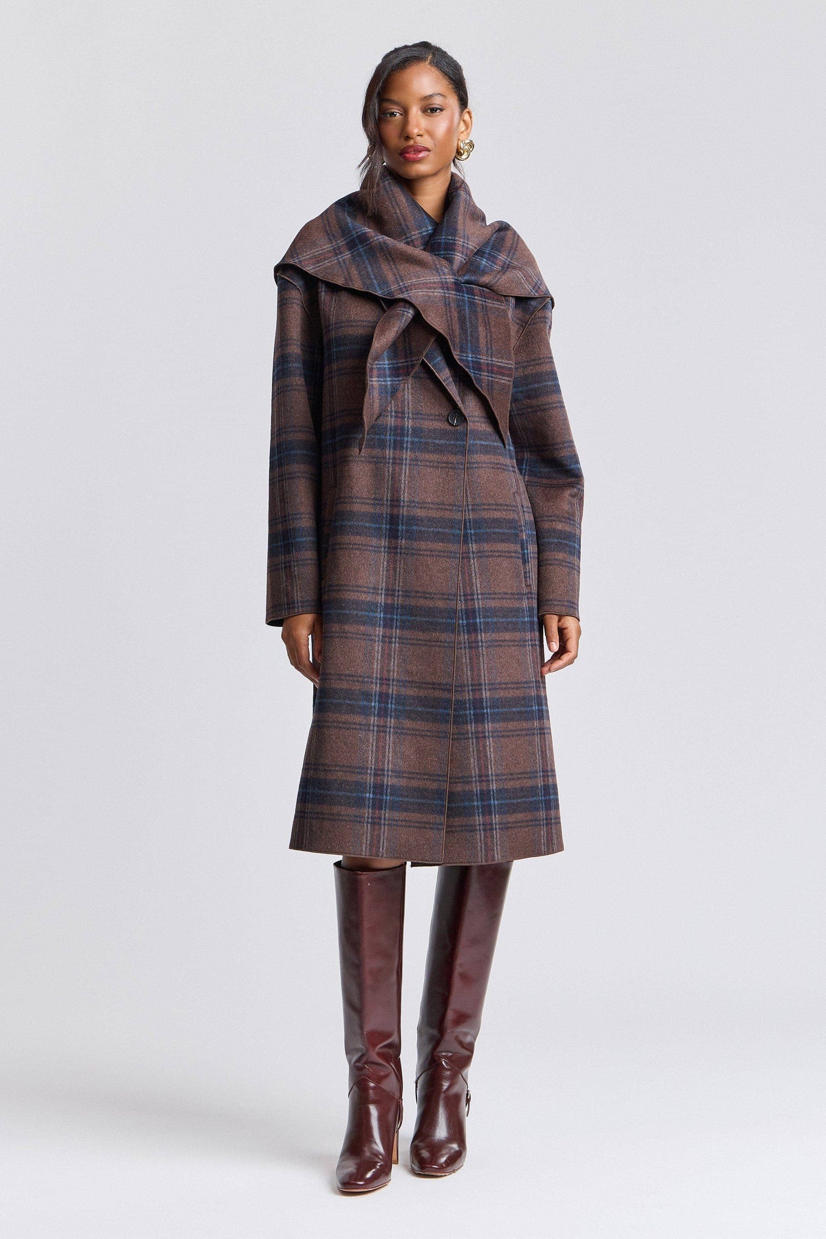 Avec Les Filles Plaid Wool Blend Scarf Trim Coat 86541