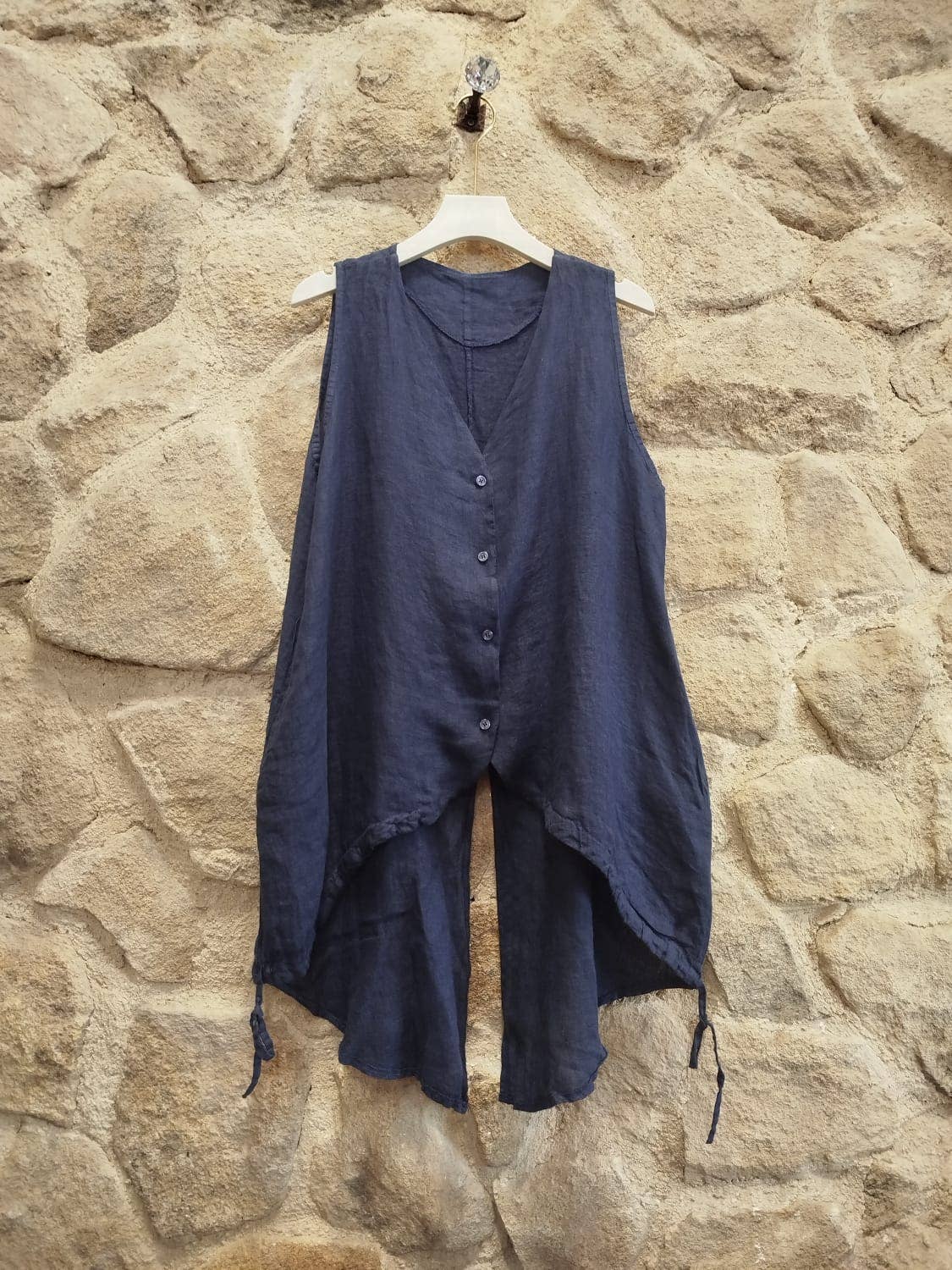 European Linen Sleeveless Tunic Vest with Adjustable Ties 8556