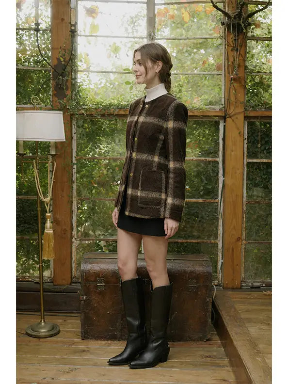 Moon River Plaid Textured Sculpted Round Neck Blazer MS1121