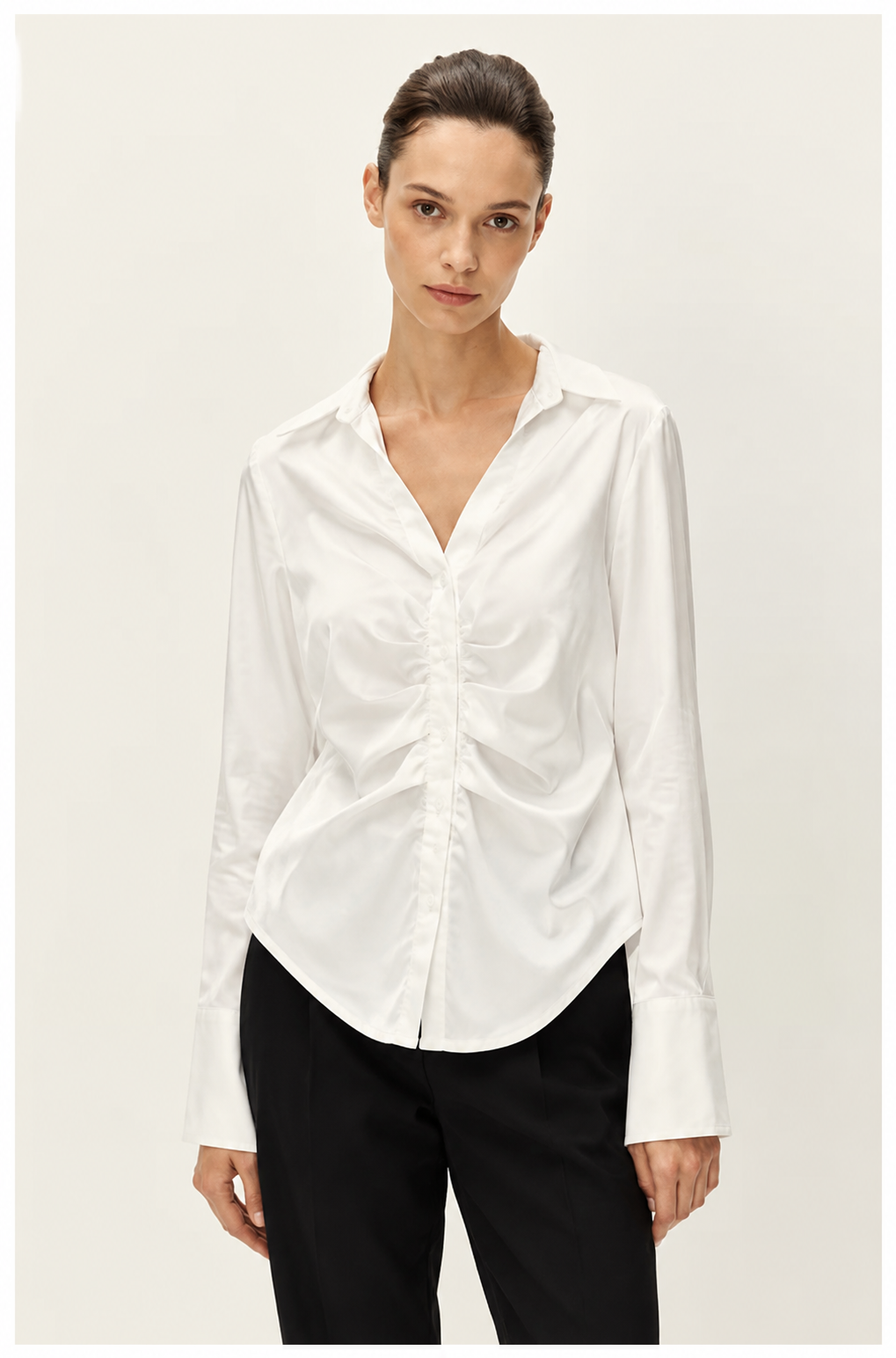 Elodie Ivory Ruched Button-Front Shirt E1326TS820 clarified product photo