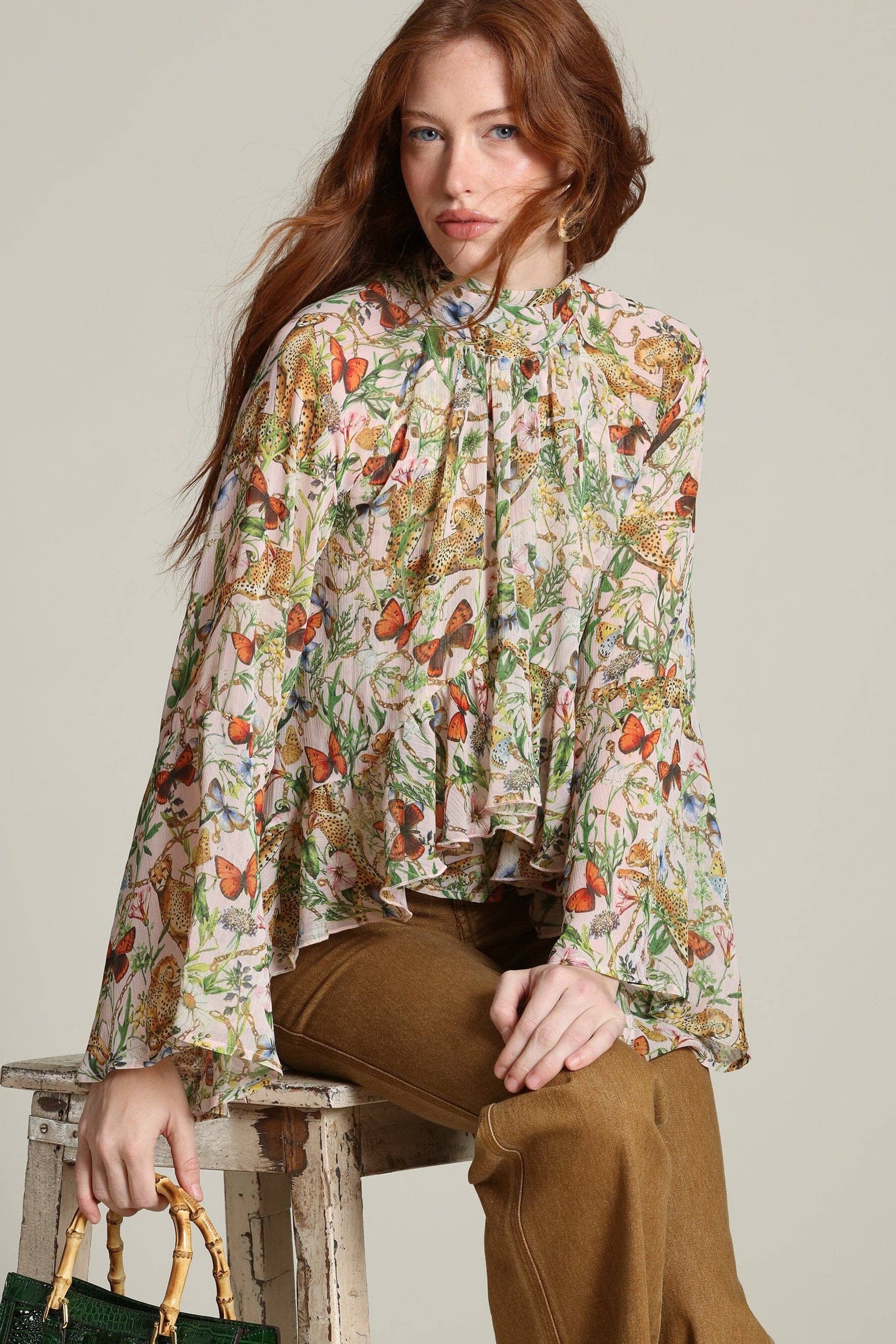 Avec Les Filles Botanical Print Chiffon Ruffle Blouse