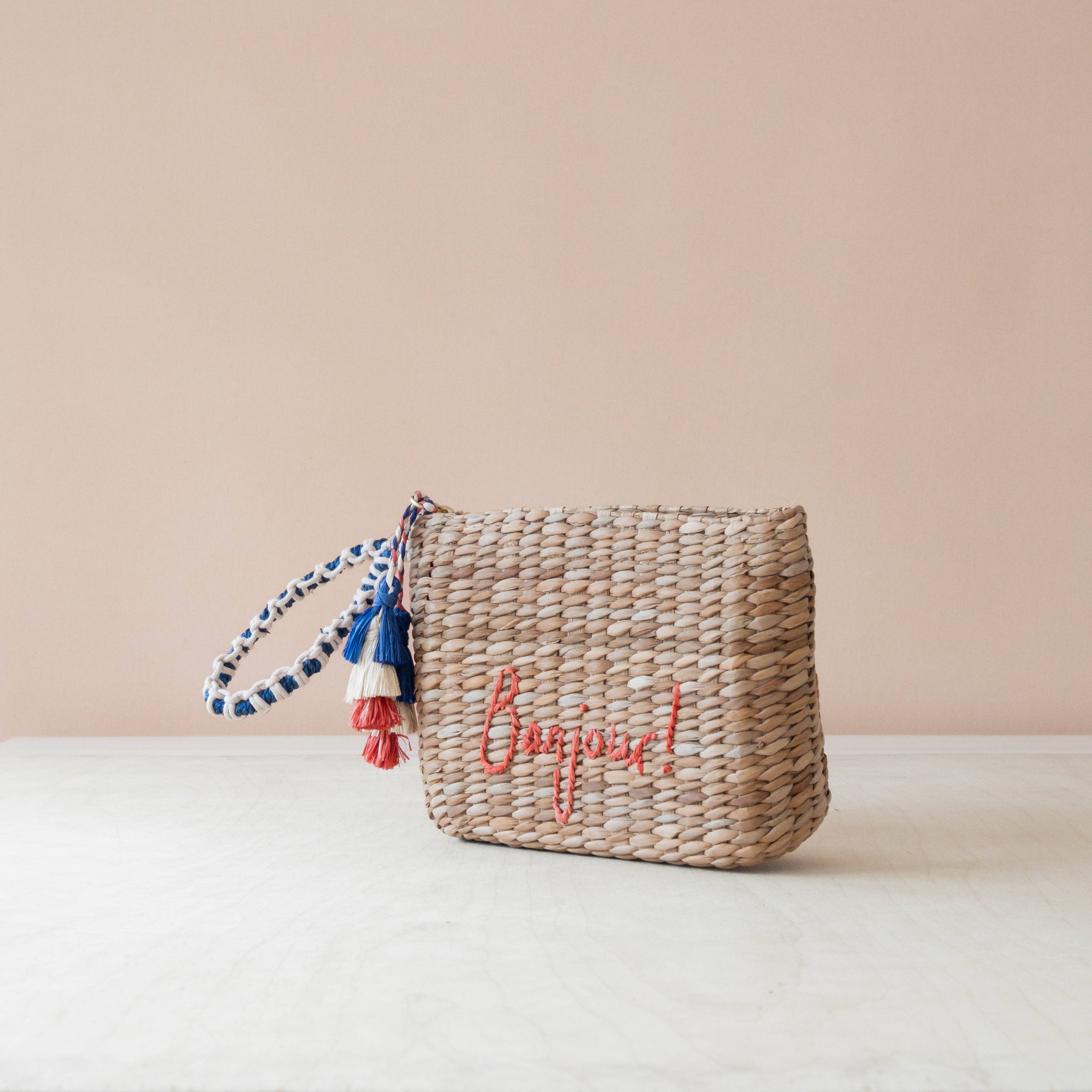 Mini Woven Pouch with Wristlet and Embroidered Bonjour – Handwoven Wristlet | LIKHÂ