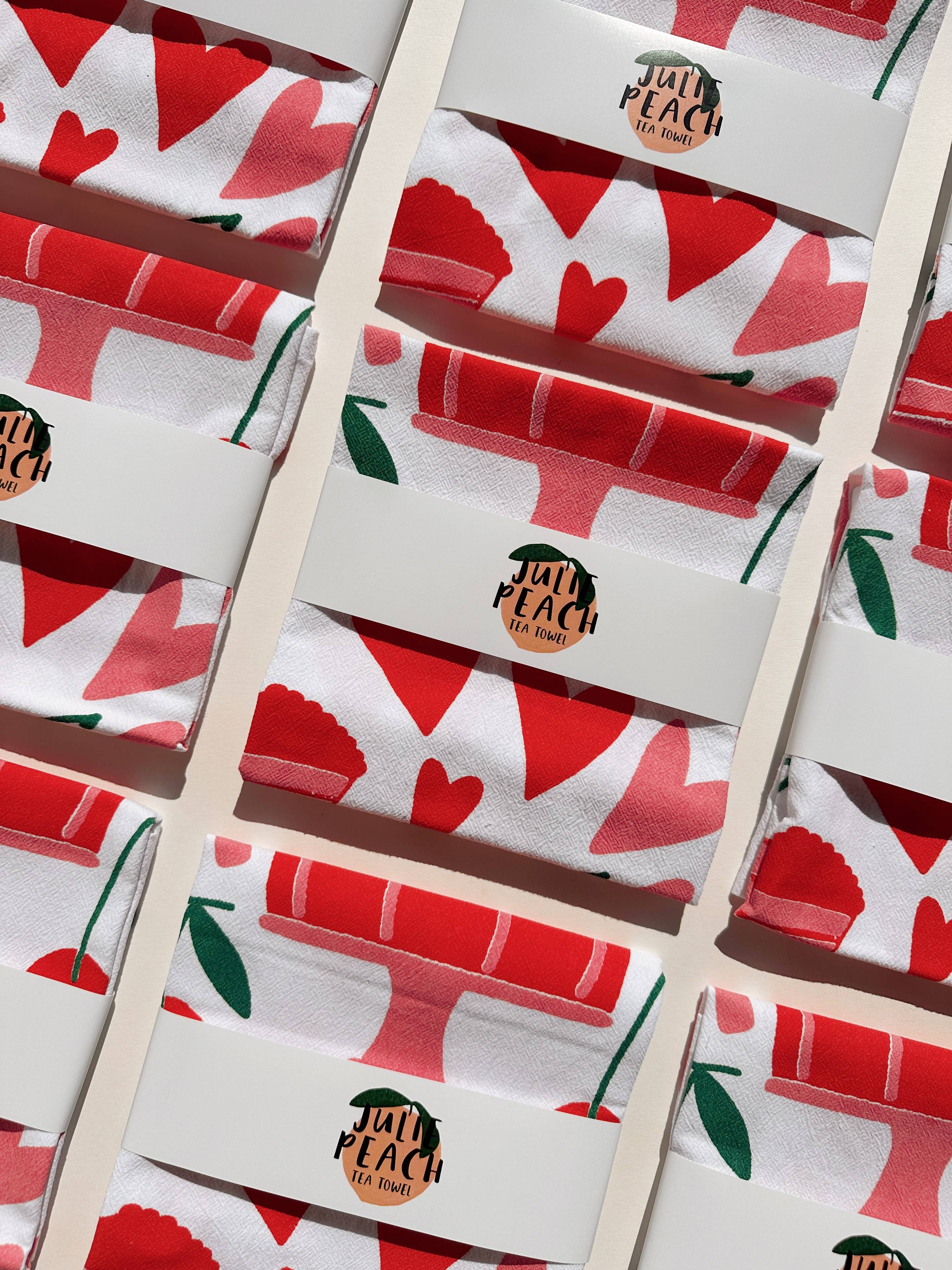 Julie Peach Cake on White Cotton Tea Towel