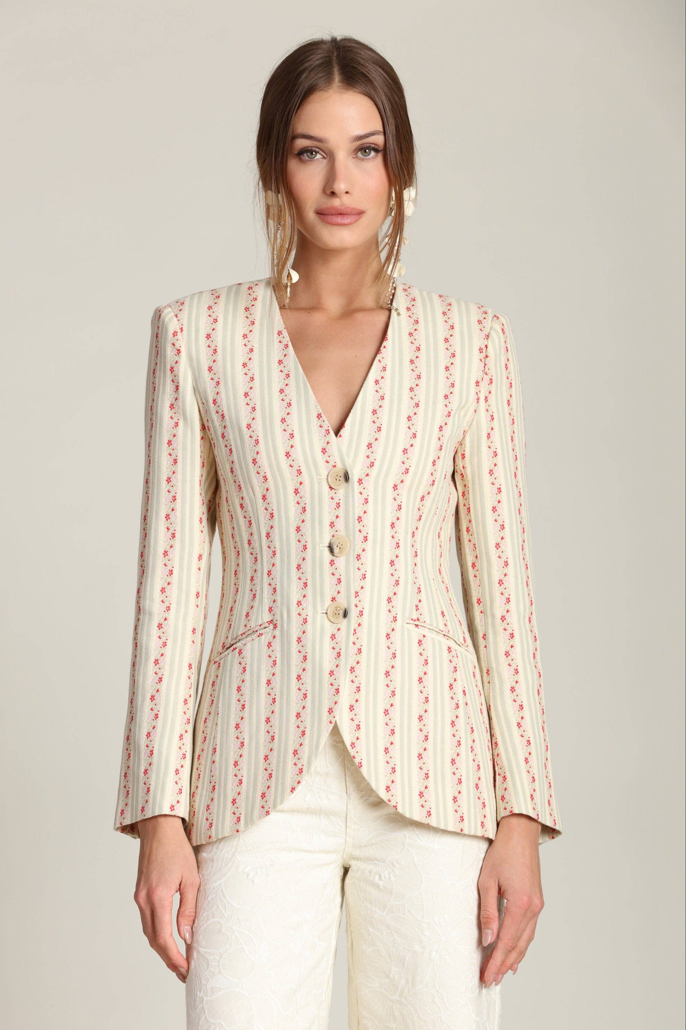 Avec Les Filles Floral Stripe Linen Blend Blazer