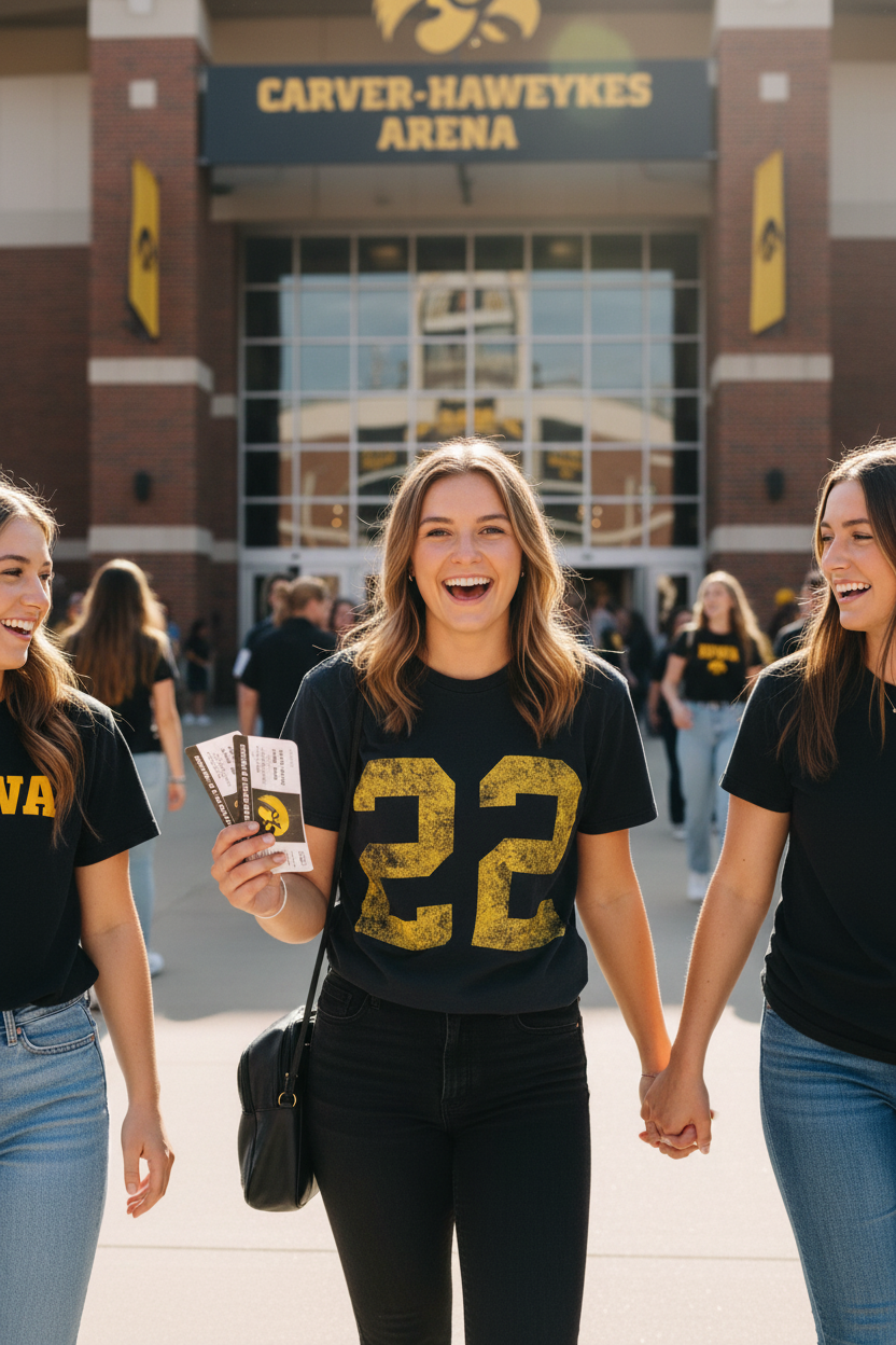College girl wearing Retro Brand Iowa 22 Tee at Carver-Hawkeye Arena entrance