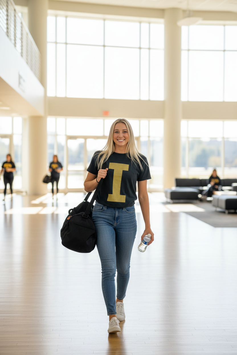 Woman wearing Retro Brand Iowa Hawkeyes Varsity Collegiate I Tee Black at University of Iowa Rec Center
