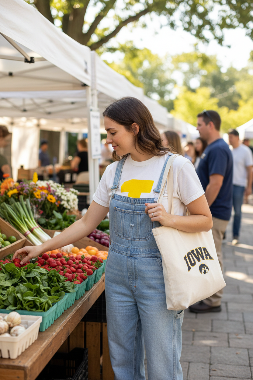Woman wearing Retro Brand Iowa Hawkeyes Varsity Collegiate I Tee Vintage White at University of Iowa farmers market