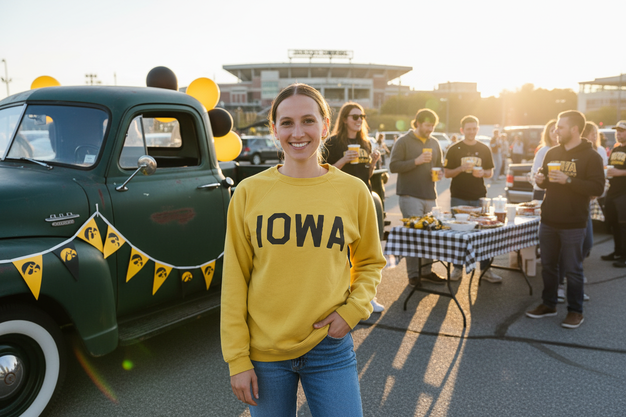 Woman wearing Retro Brand Vintage Iowa Collegiate Sweatshirt Black at Kinnick Stadium tailgate