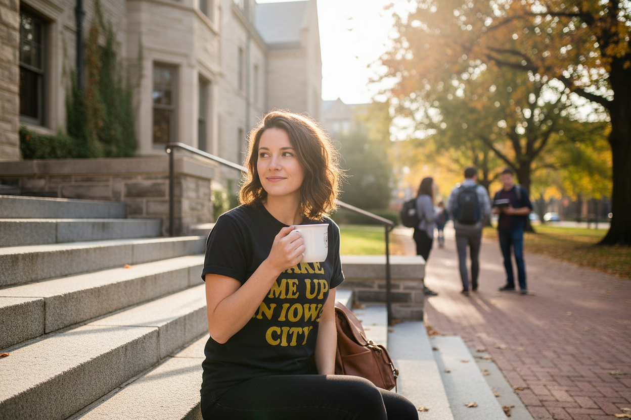 Woman wearing Retro Brand Wake Me Up In Iowa City Tee on University of Iowa campus