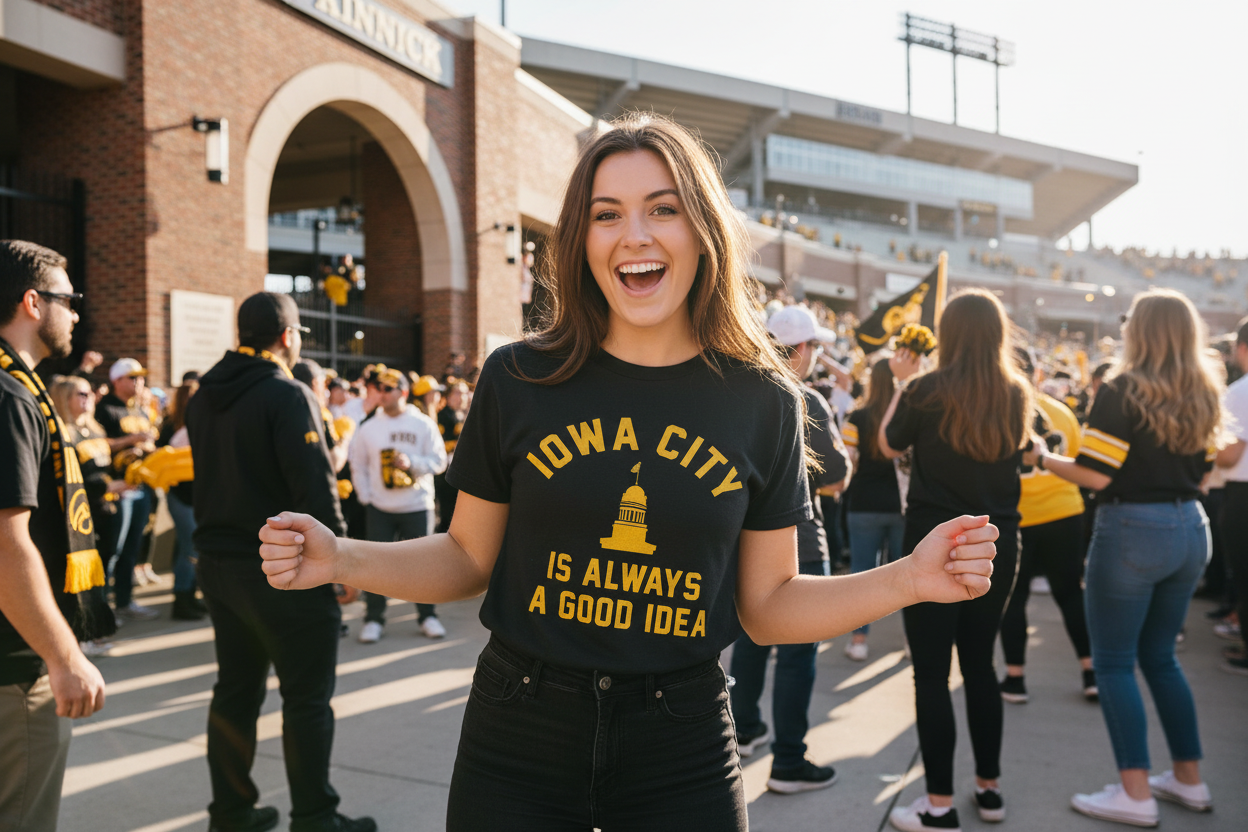 Woman wearing Retro Brand Iowa City Is Always A Good Idea Tee at Kinnick Stadium