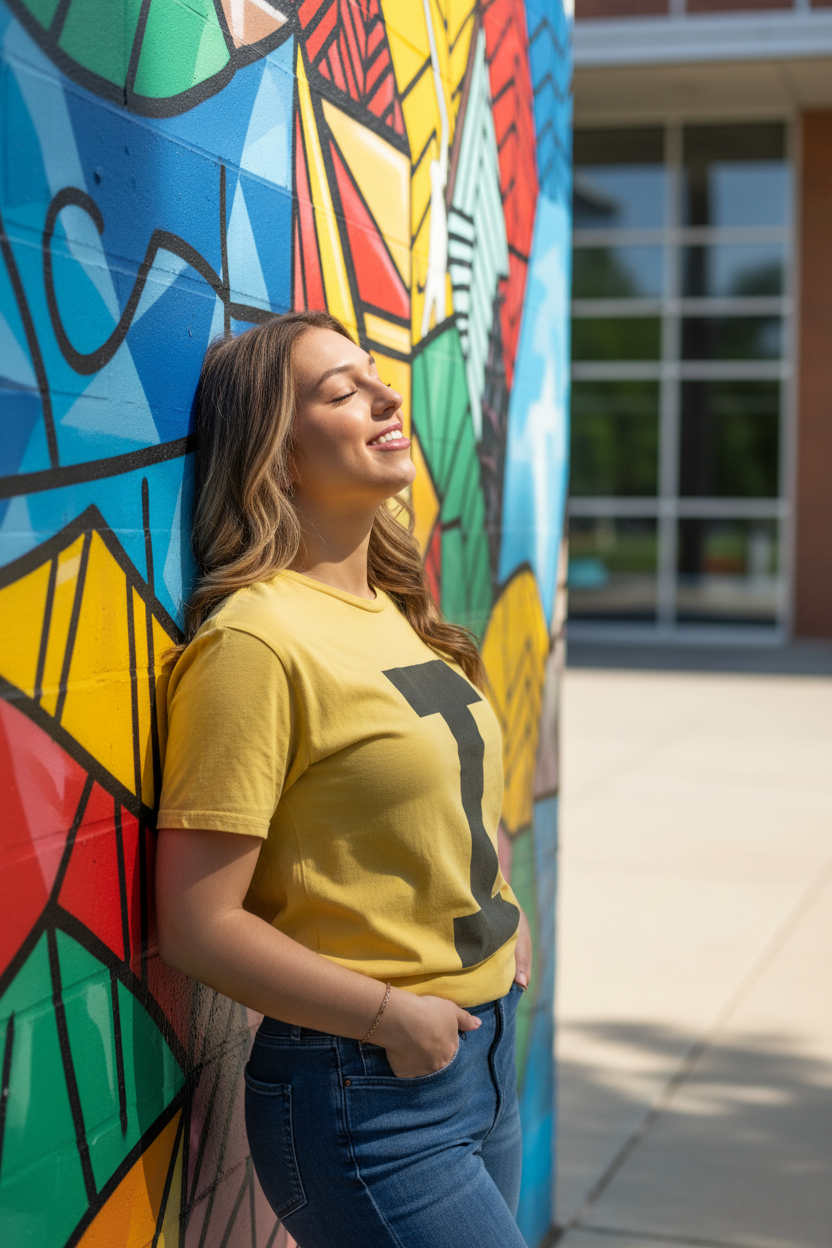 Woman wearing Retro Brand Iowa Hawkeyes Varsity Collegiate I Tee Old Gold at University of Iowa Art Building