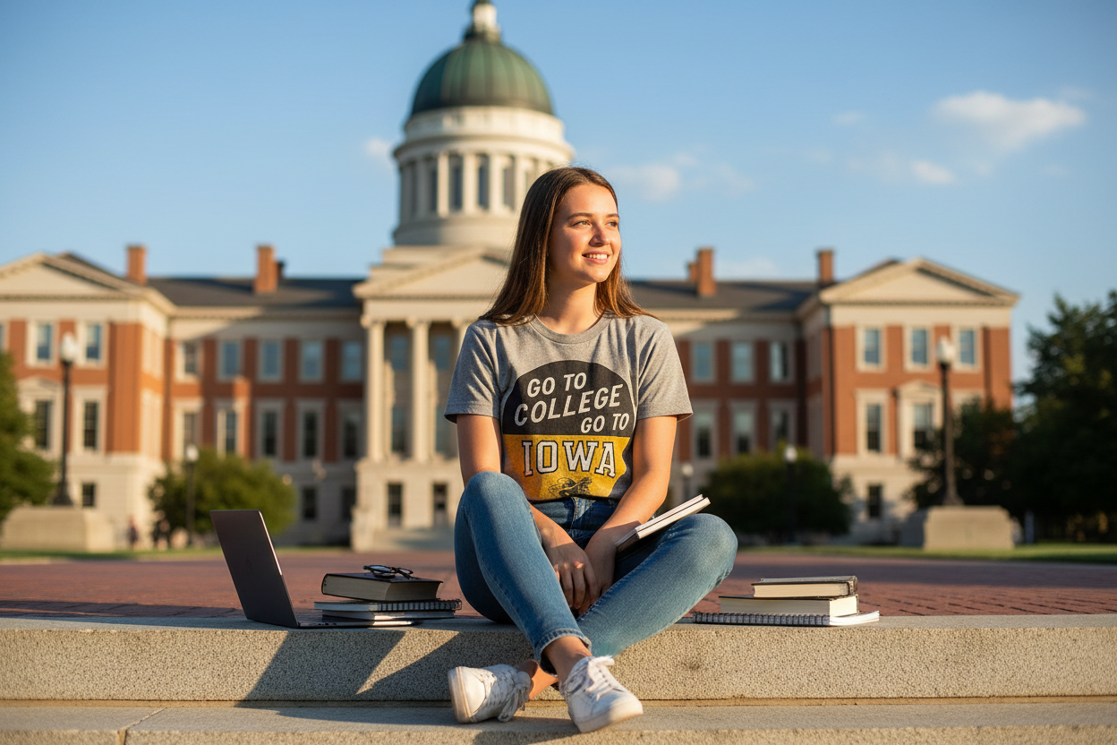 Woman wearing Retro Brand Go to College Go to Iowa Tee on University of Iowa Pentacrest