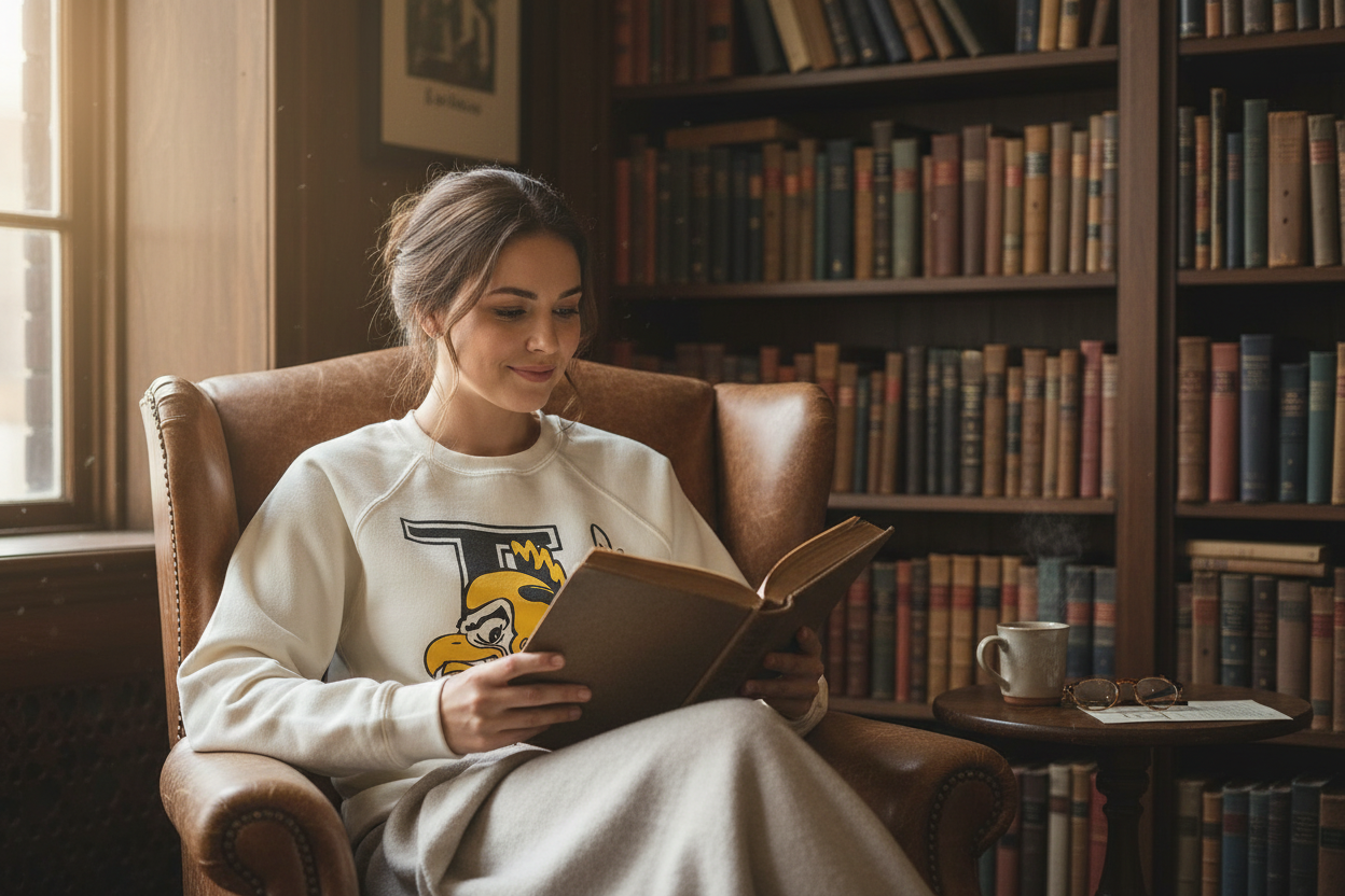 Woman wearing Retro Brand Herky Helmet Sweatshirt