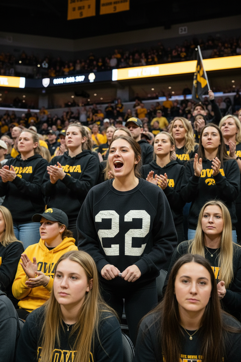 College girl wearing Retro Brand Inside Out Iowa 22 Sweatshirt at Iowa women's basketball game in stands